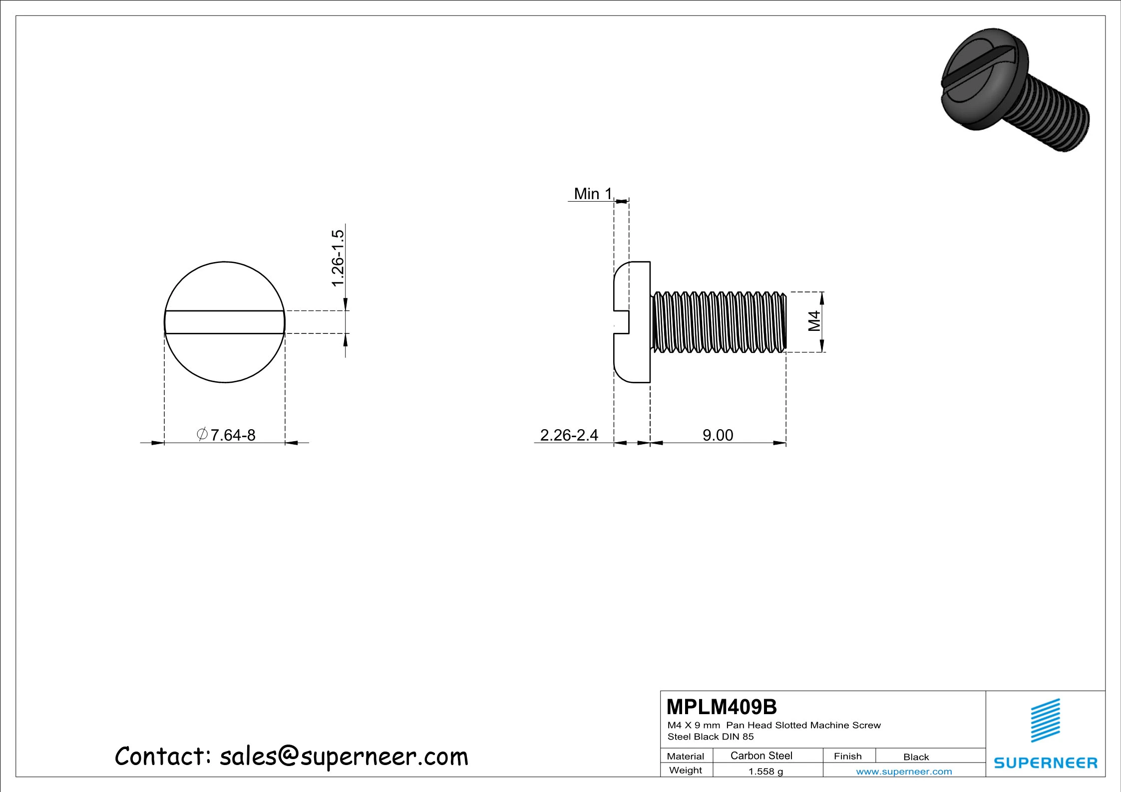 M4 x 9 mm Pan Head Slotted Machine Screw Steel Black DIN 85