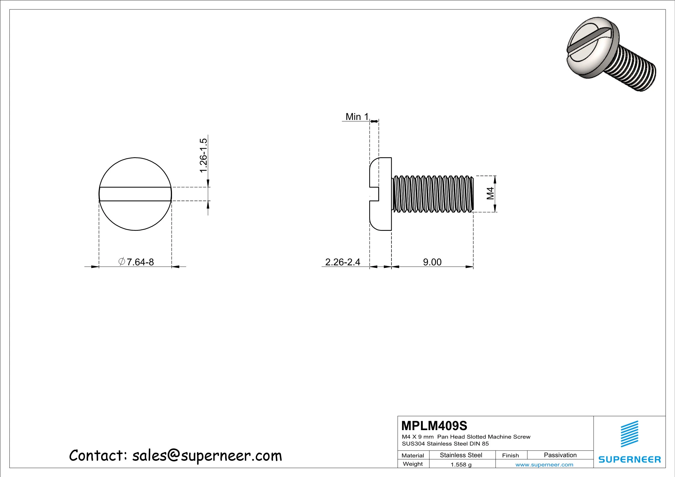 M4 x 9 mm  Pan Head Slotted Machine Screw SUS304 Stainless Steel Inox DIN 85