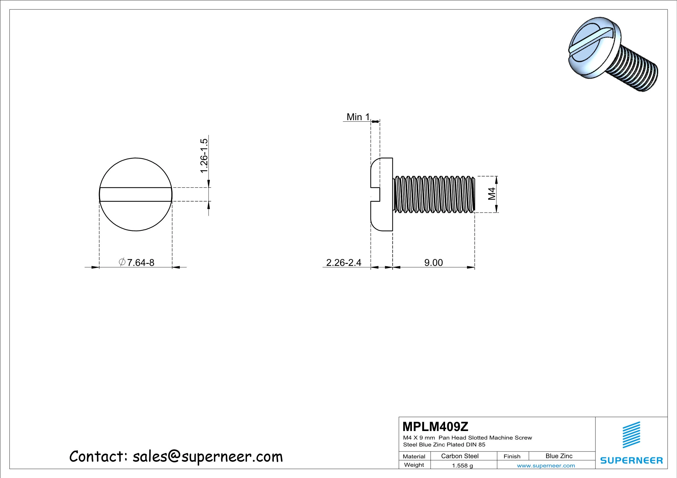 M4 x 9 mm Pan Head Slotted Machine Screw Steel Blue Zinc Plated DIN 85