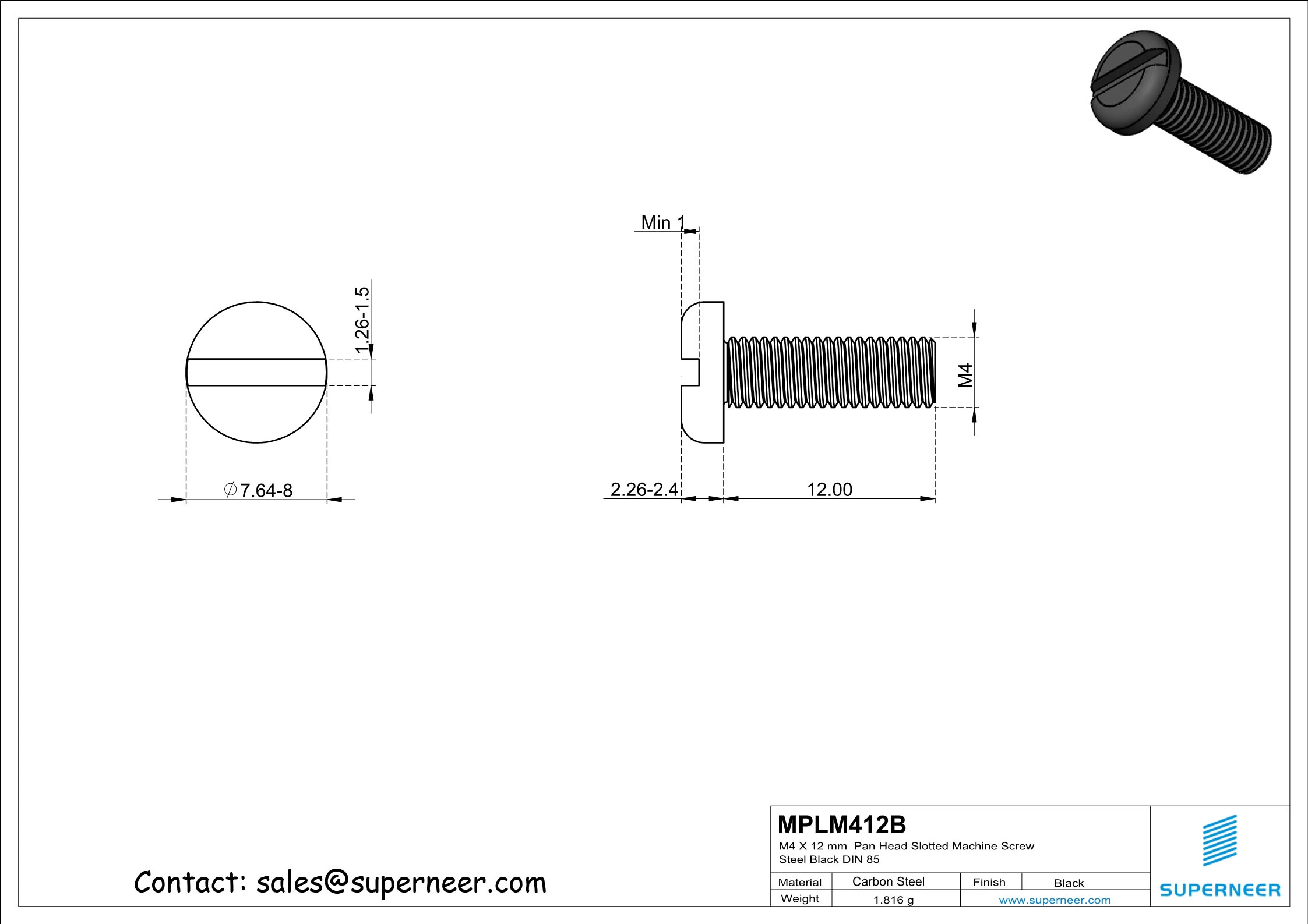 M4 x 12 mm Pan Head Slotted Machine Screw Steel Black DIN 85