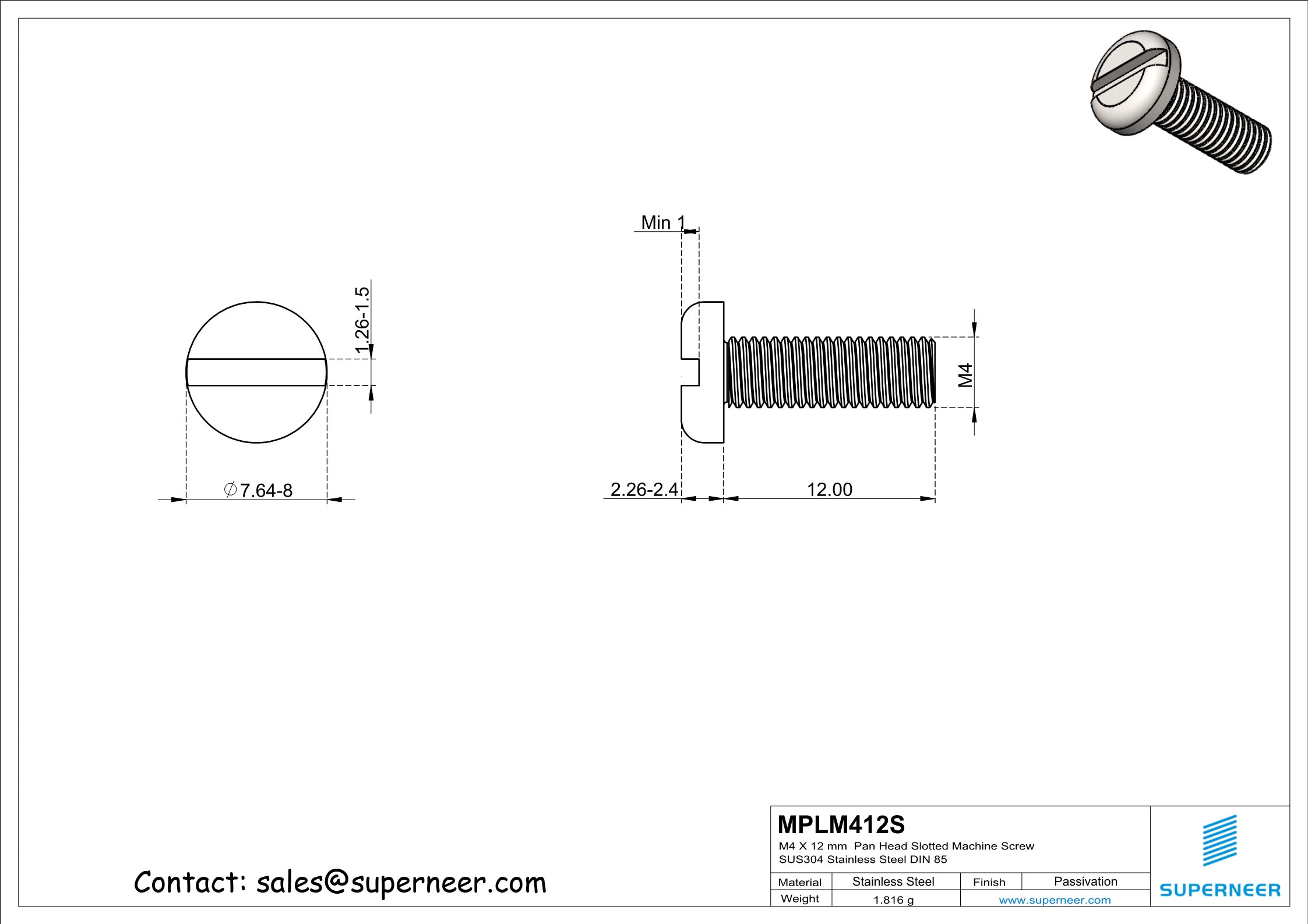 M4 x 12 mm  Pan Head Slotted Machine Screw SUS304 Stainless Steel Inox DIN 85