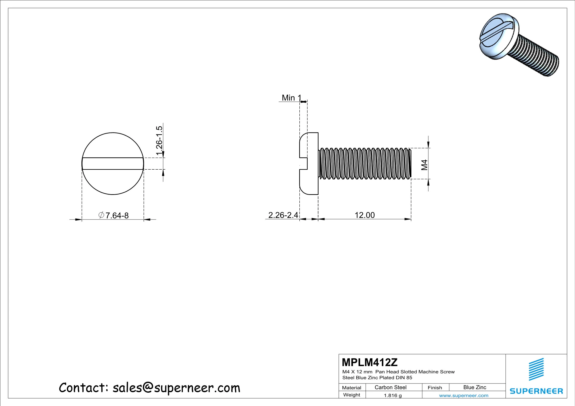 M4 x 12 mm Pan Head Slotted Machine Screw Steel Blue Zinc Plated DIN 85