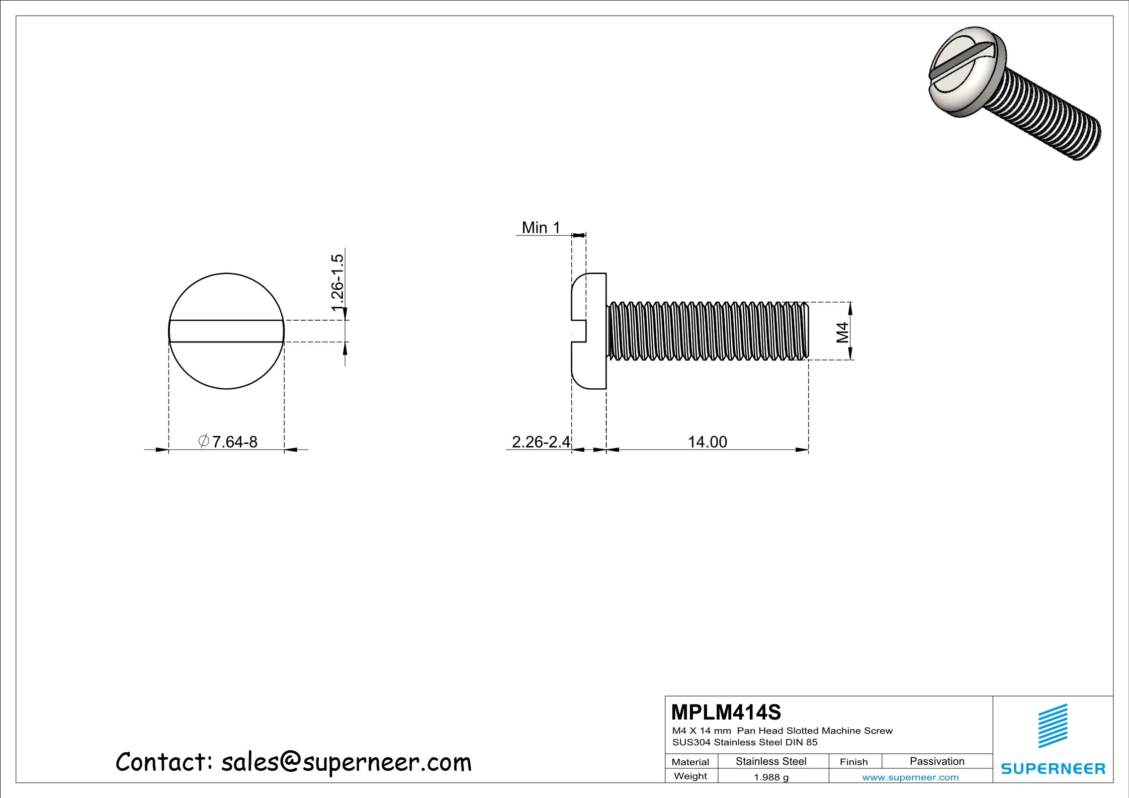 M4 x 14 mm  Pan Head Slotted Machine Screw SUS304 Stainless Steel Inox DIN 85