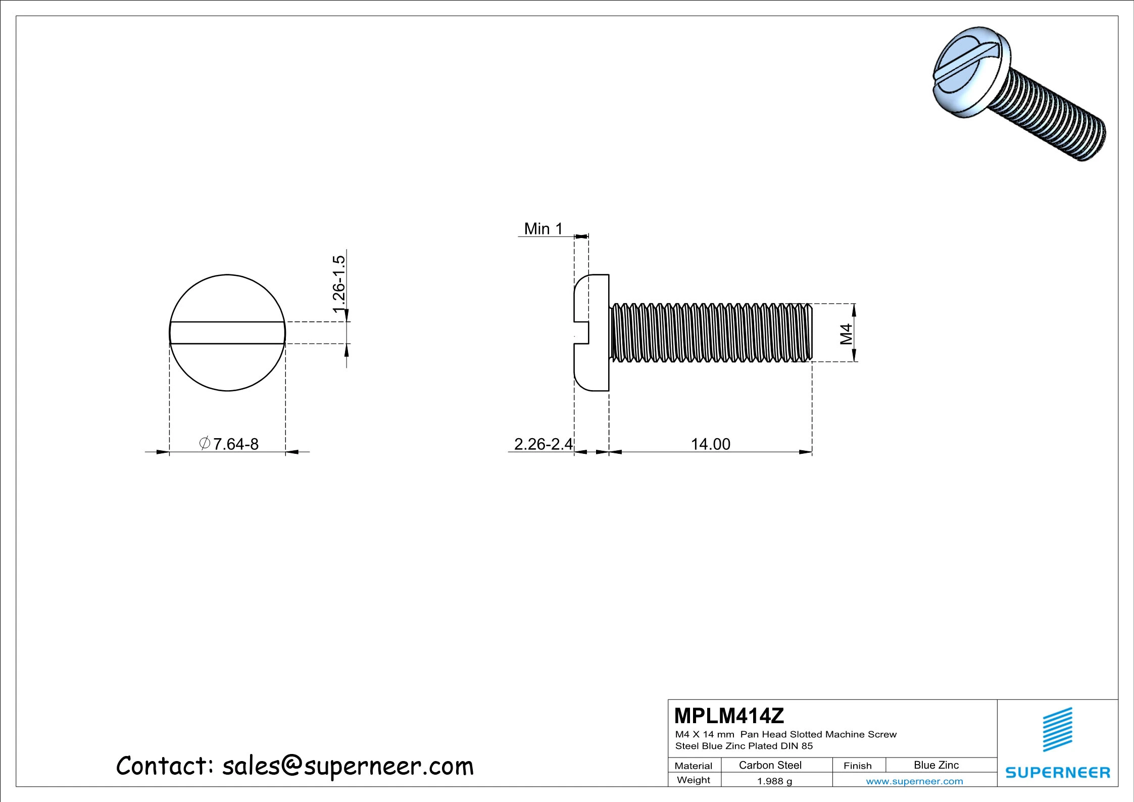 M4 x 14 mm Pan Head Slotted Machine Screw Steel Blue Zinc Plated DIN 85