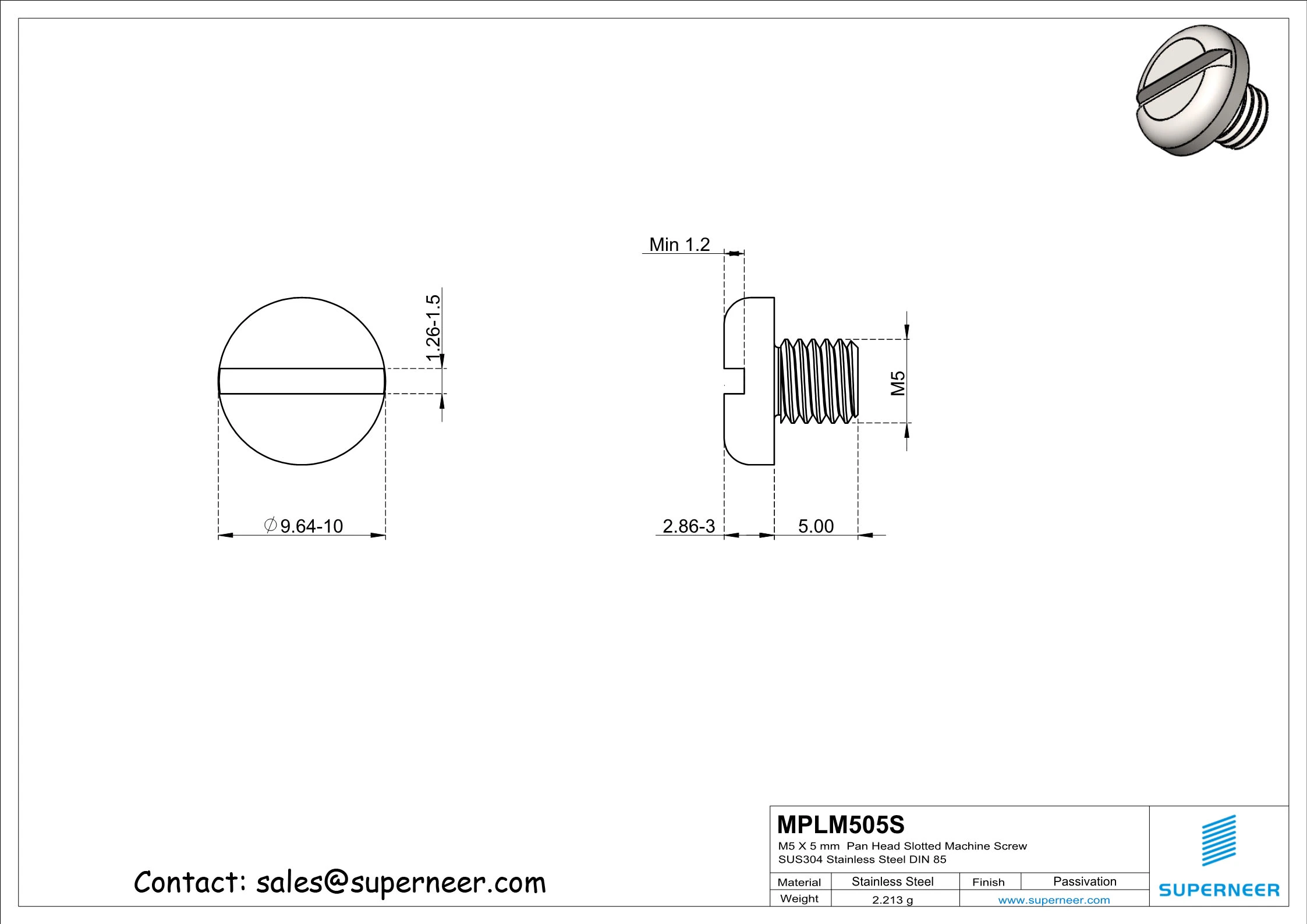 M5 x 5 mm  Pan Head Slotted Machine Screw SUS304 Stainless Steel Inox DIN 85