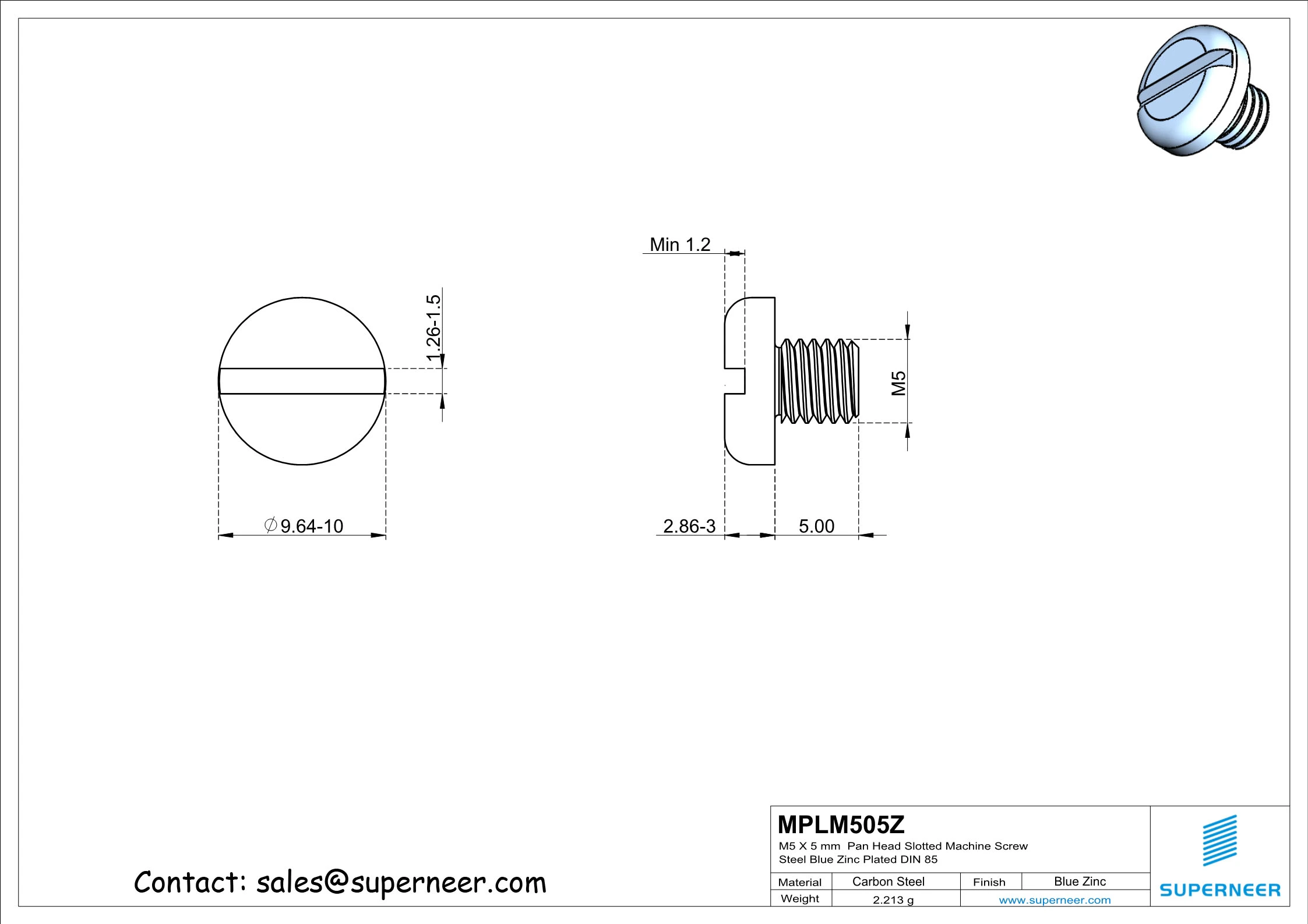 M5 x 5 mm Pan Head Slotted Machine Screw Steel Blue Zinc Plated DIN 85