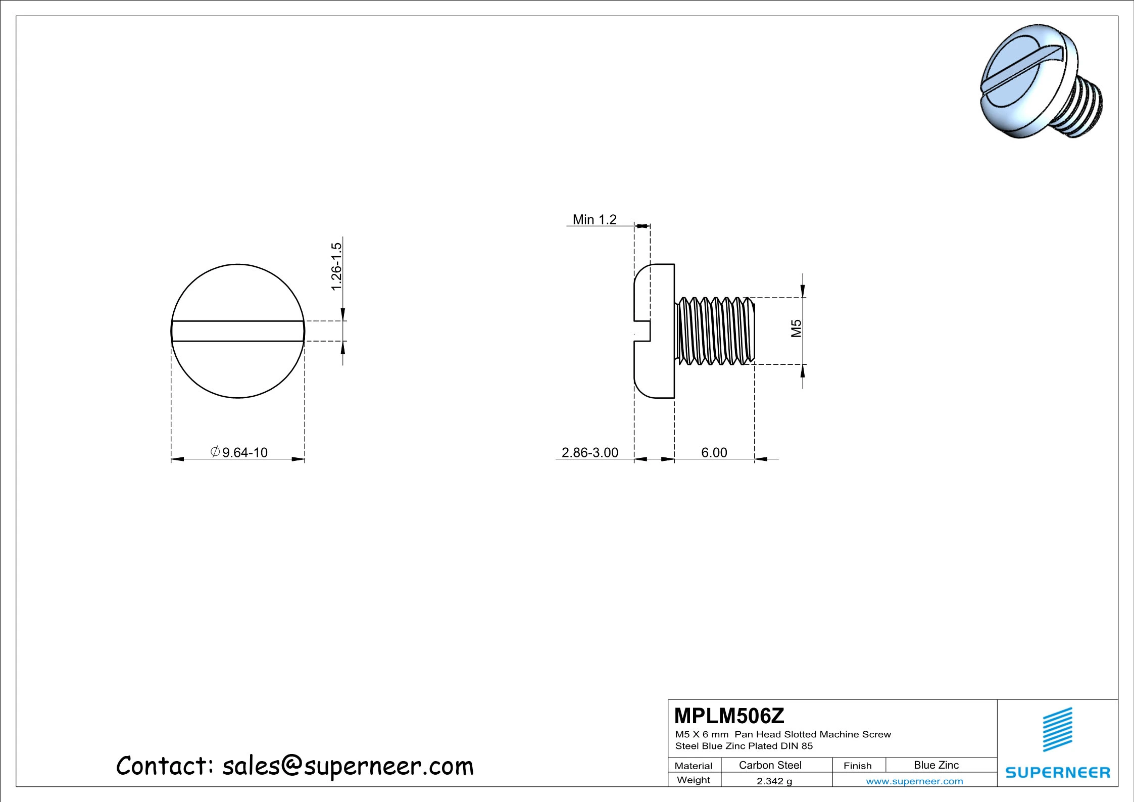 M5 x 6 mm Pan Head Slotted Machine Screw Steel Blue Zinc Plated DIN 85