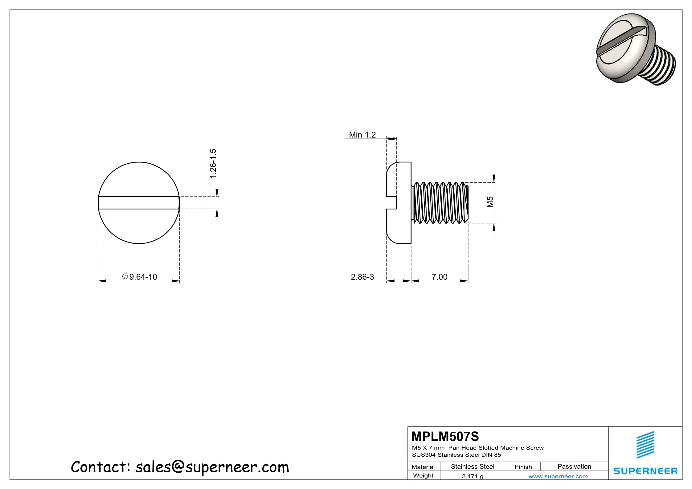 M5 x 7 mm  Pan Head Slotted Machine Screw SUS304 Stainless Steel Inox DIN 85