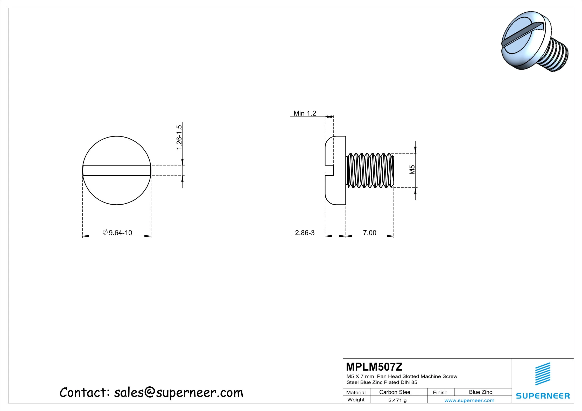 M5 x 7 mm Pan Head Slotted Machine Screw Steel Blue Zinc Plated DIN 85