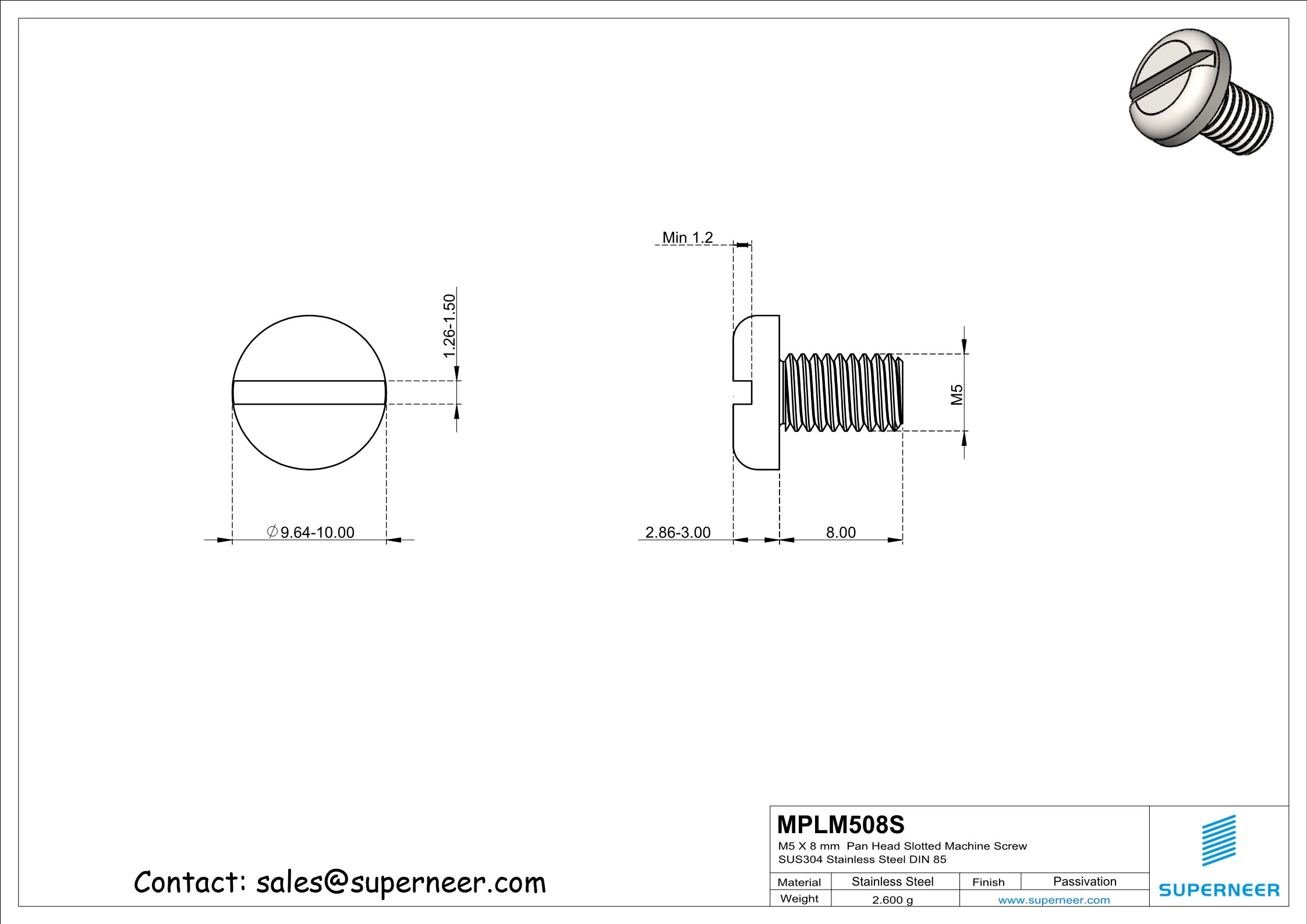 M5 x 8 mm  Pan Head Slotted Machine Screw SUS304 Stainless Steel Inox DIN 85