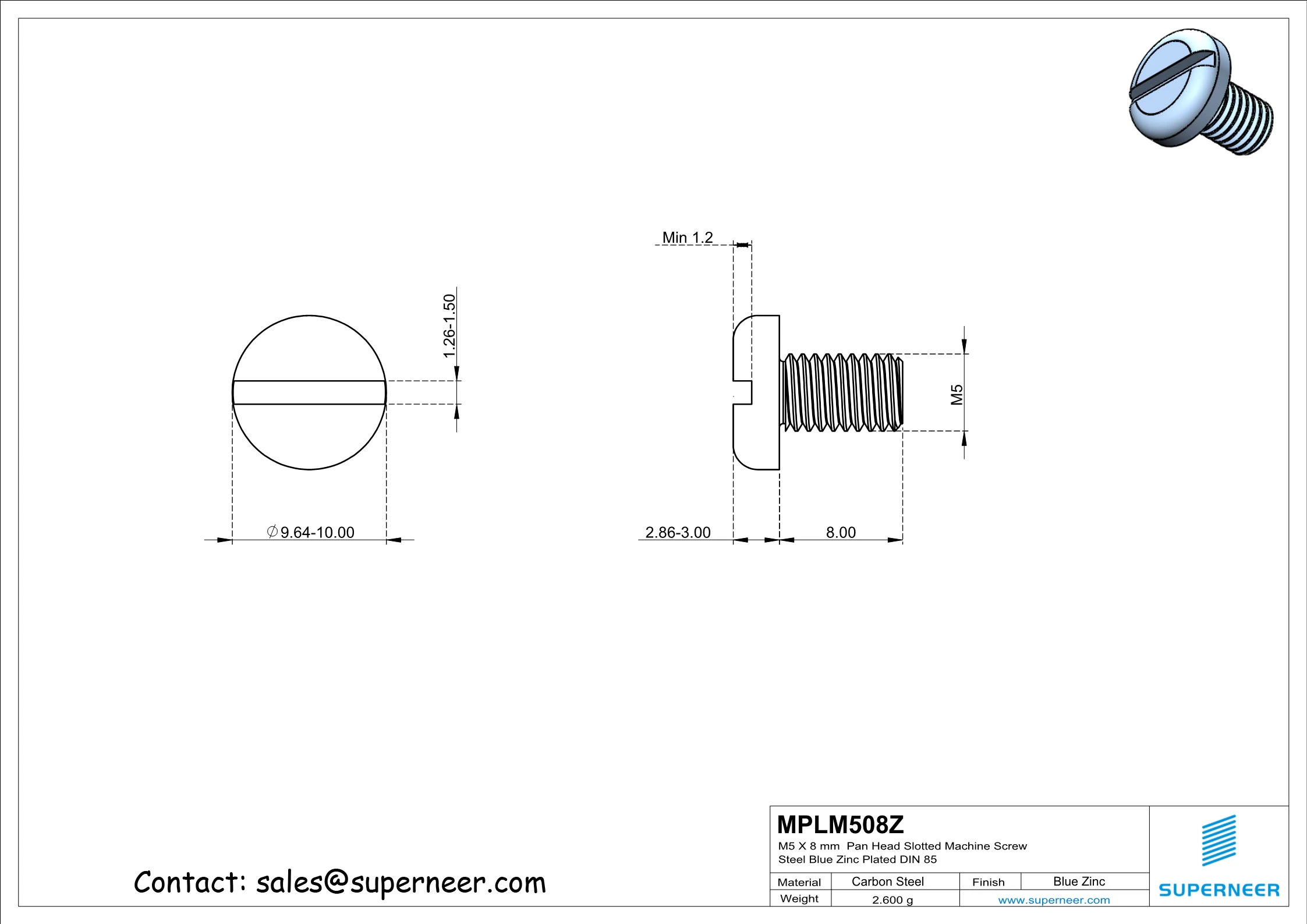 M5 x 8 mm Pan Head Slotted Machine Screw Steel Blue Zinc Plated DIN 85