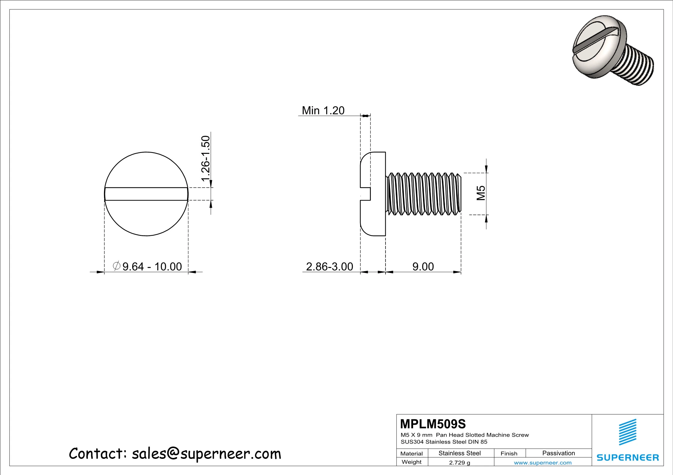 M5 x 9 mm  Pan Head Slotted Machine Screw SUS304 Stainless Steel Inox DIN 85