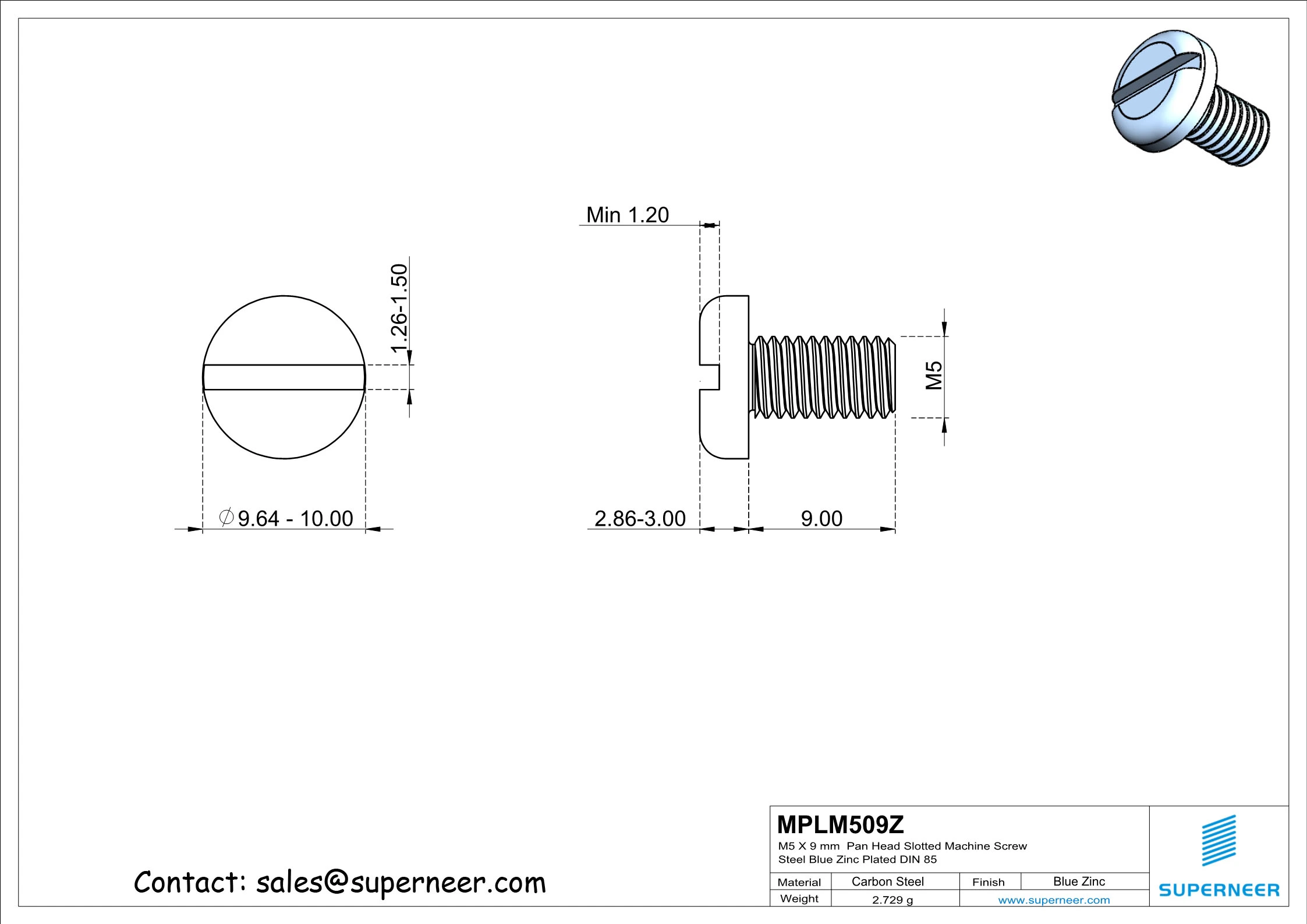 M5 x 9 mm Pan Head Slotted Machine Screw Steel Blue Zinc Plated DIN 85