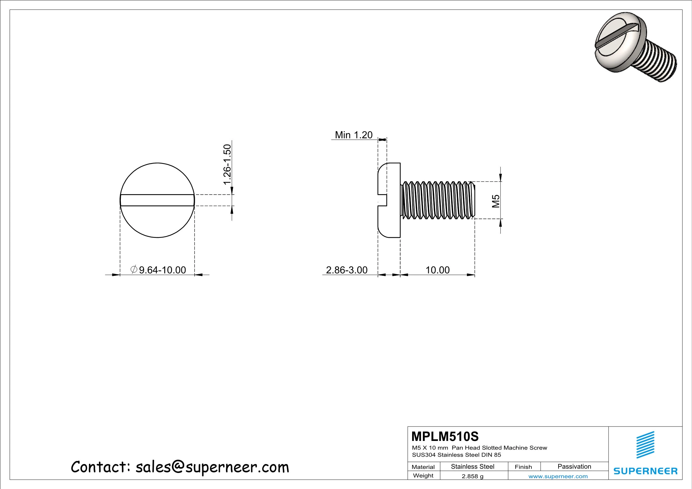 M5 x 10 mm  Pan Head Slotted Machine Screw SUS304 Stainless Steel Inox DIN 85