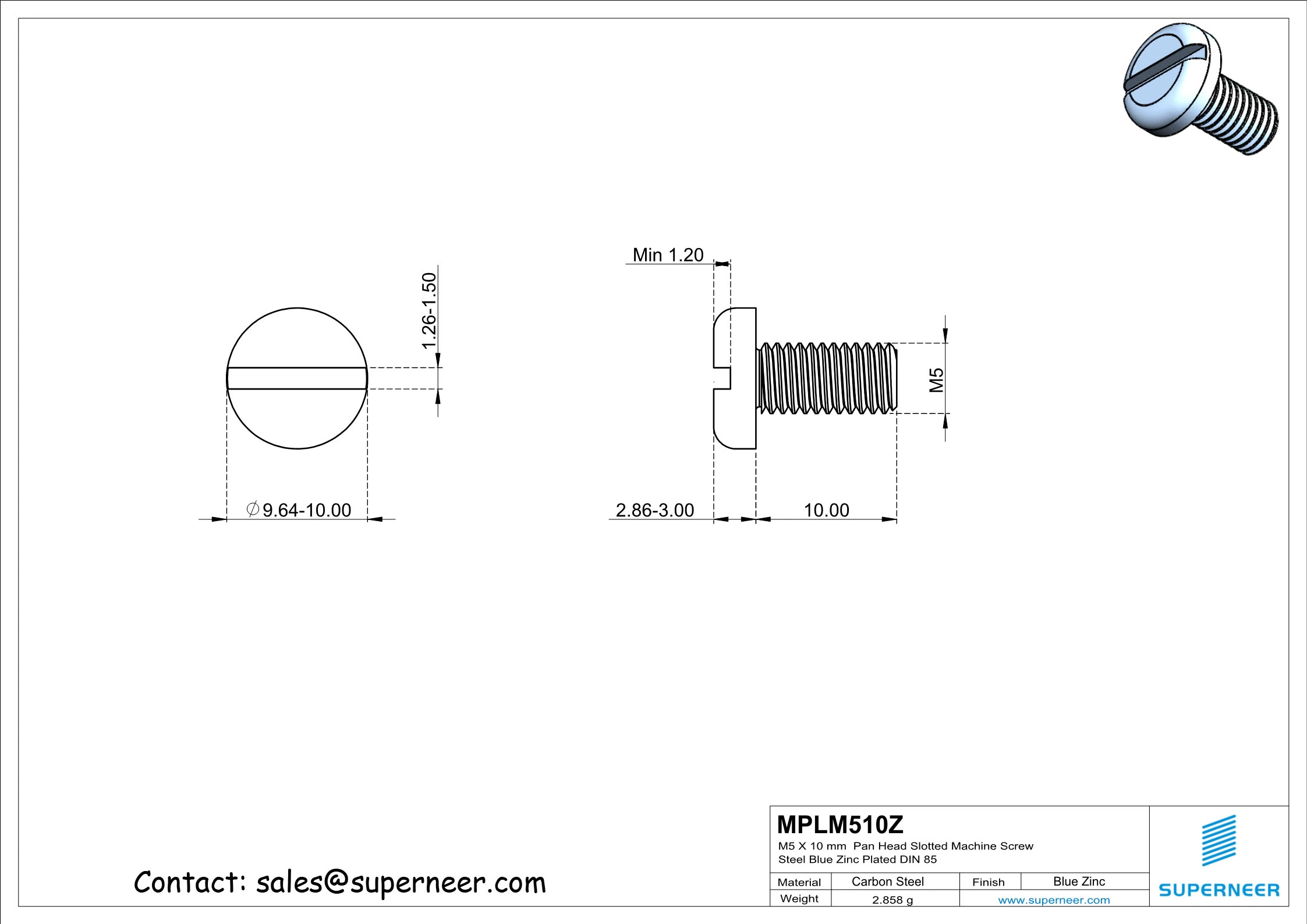 M5 x 10 mm Pan Head Slotted Machine Screw Steel Blue Zinc Plated DIN 85