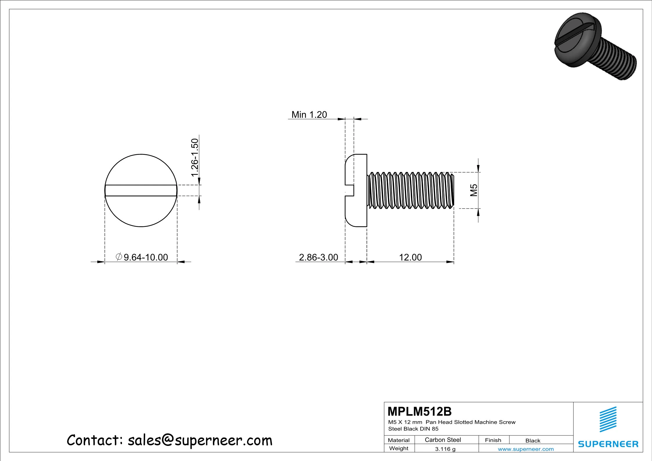 M5 x 12 mm Pan Head Slotted Machine Screw Steel Black DIN 85