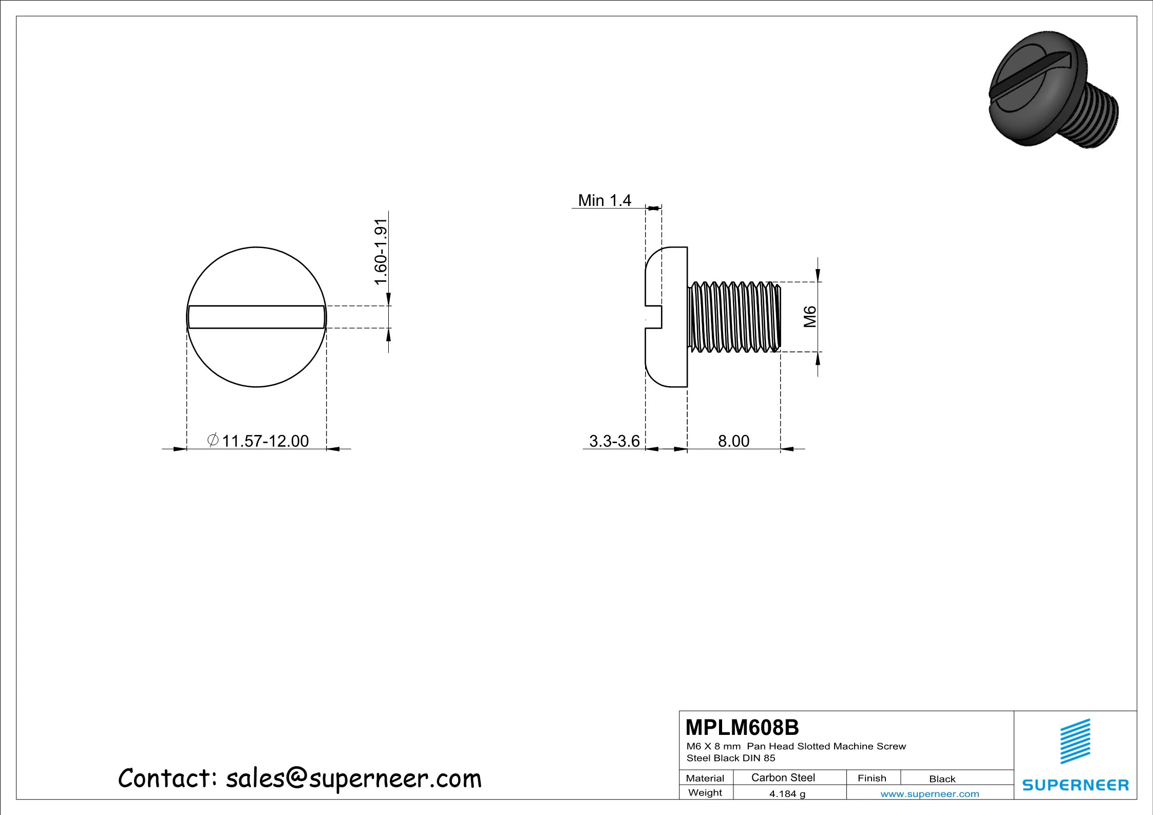 M6 x 8 mm Pan Head Slotted Machine Screw Steel Black DIN 85