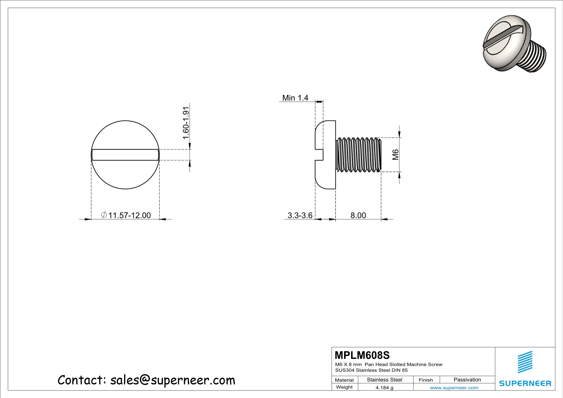 M6 x 8 mm  Pan Head Slotted Machine Screw SUS304 Stainless Steel Inox DIN 85