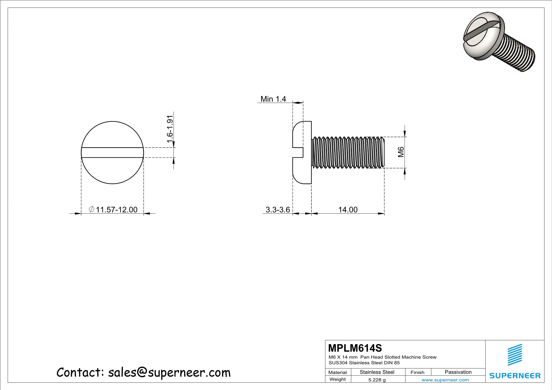 M6 x 14 mm  Pan Head Slotted Machine Screw SUS304 Stainless Steel Inox DIN 85