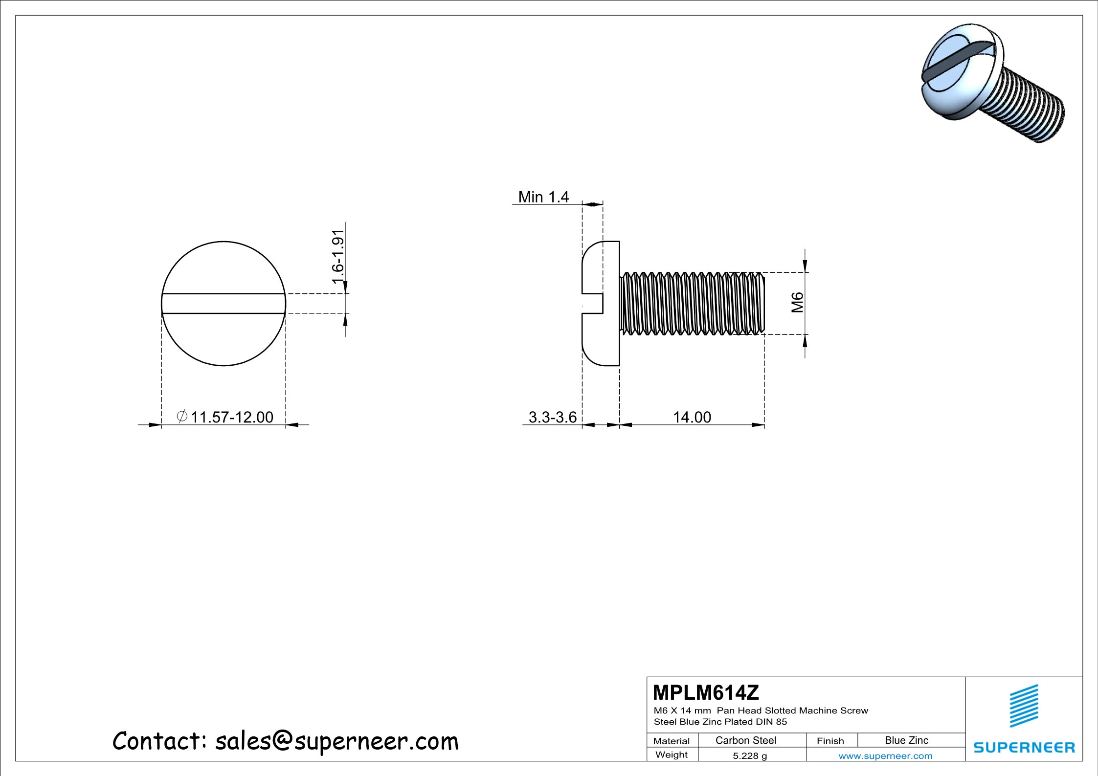 M6 x 14 mm Pan Head Slotted Machine Screw Steel Blue Zinc Plated DIN 85