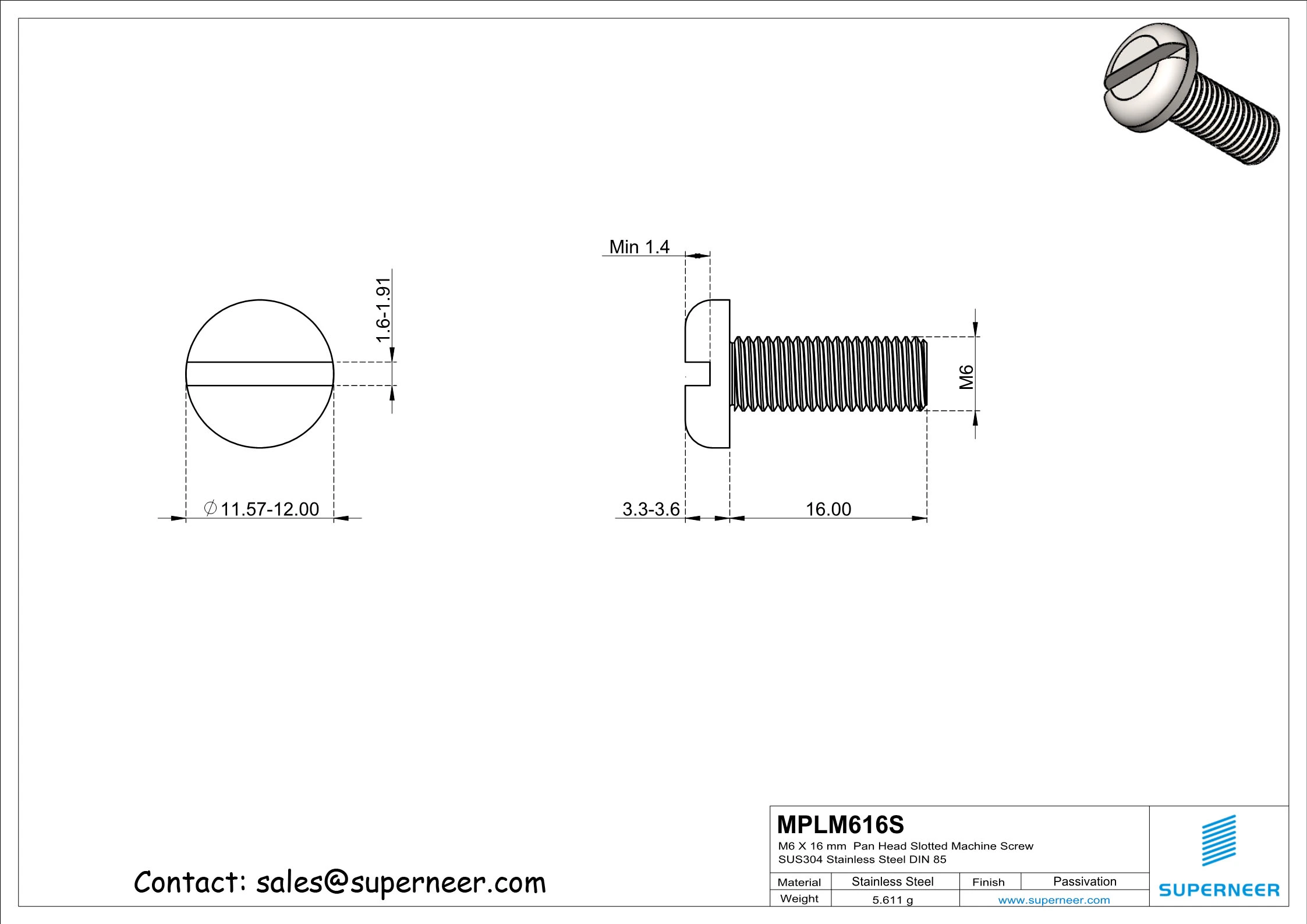 M6 x 16 mm  Pan Head Slotted Machine Screw SUS304 Stainless Steel Inox DIN 85