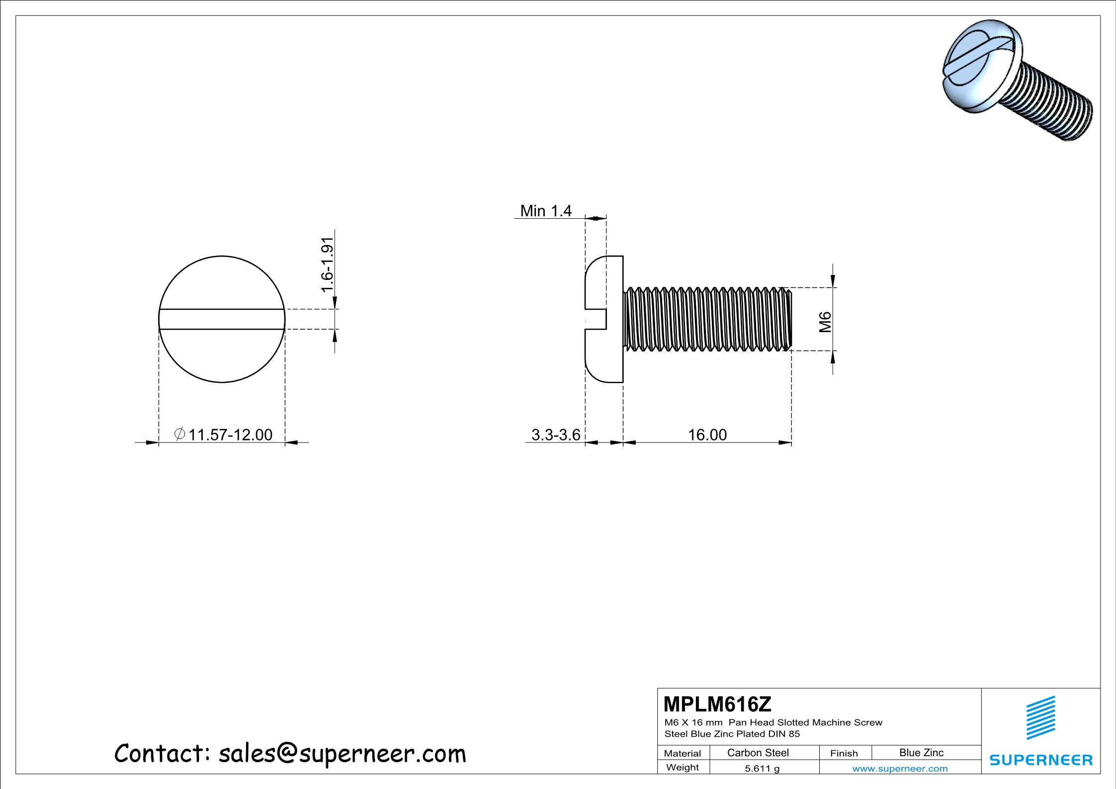 M6 x 16 mm Pan Head Slotted Machine Screw Steel Blue Zinc Plated DIN 85