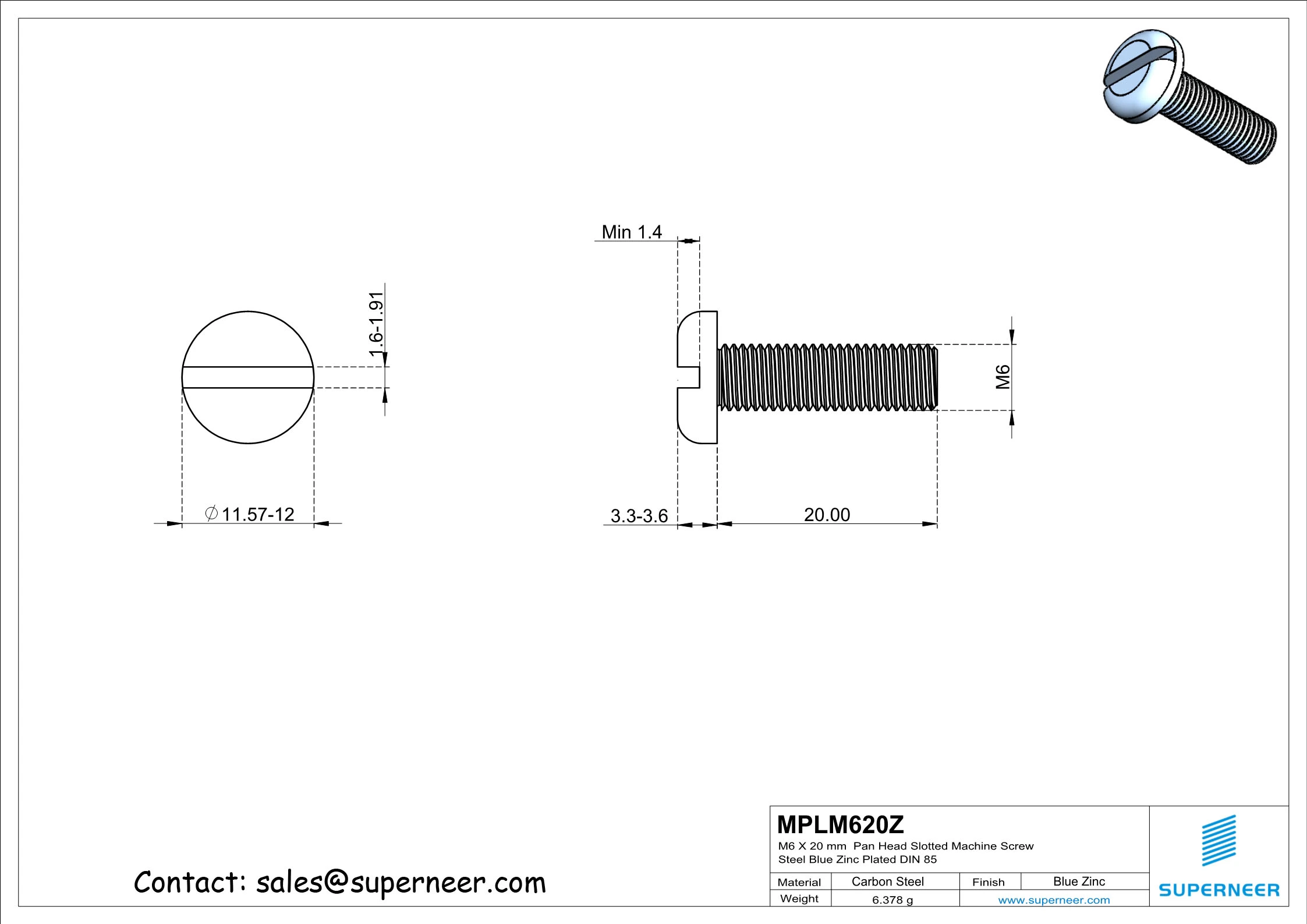 M6 x 20 mm Pan Head Slotted Machine Screw Steel Blue Zinc Plated DIN 85