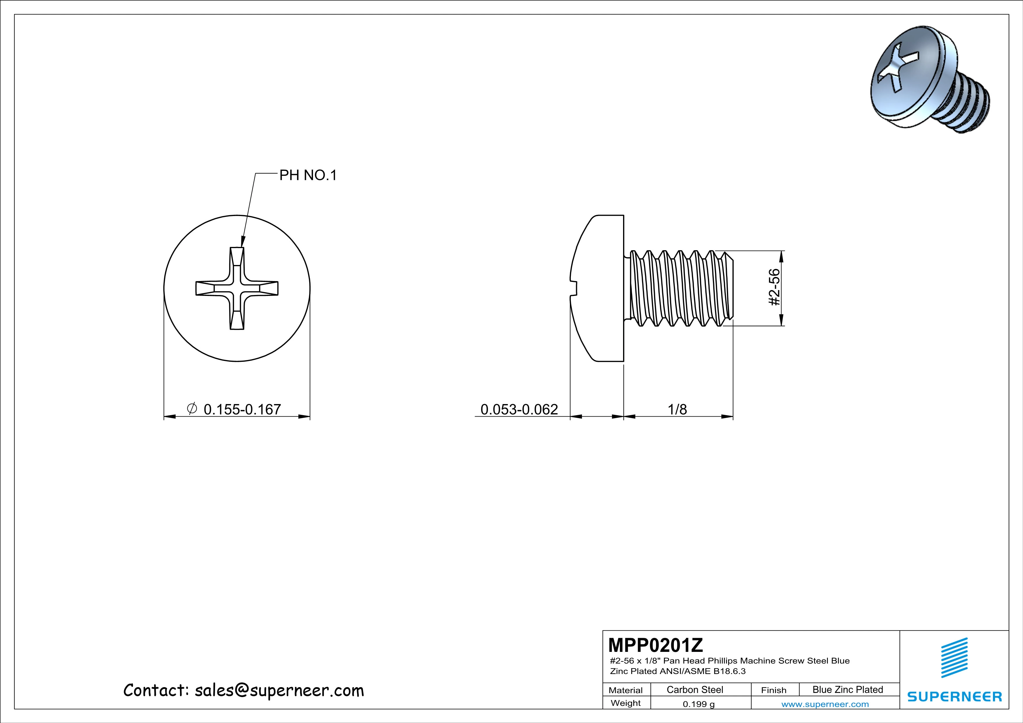 2-56 x 1/8" Pan Head Phillips Machine Screw Steel Blue Zinc Plated ANSI/ASME B18.6.3