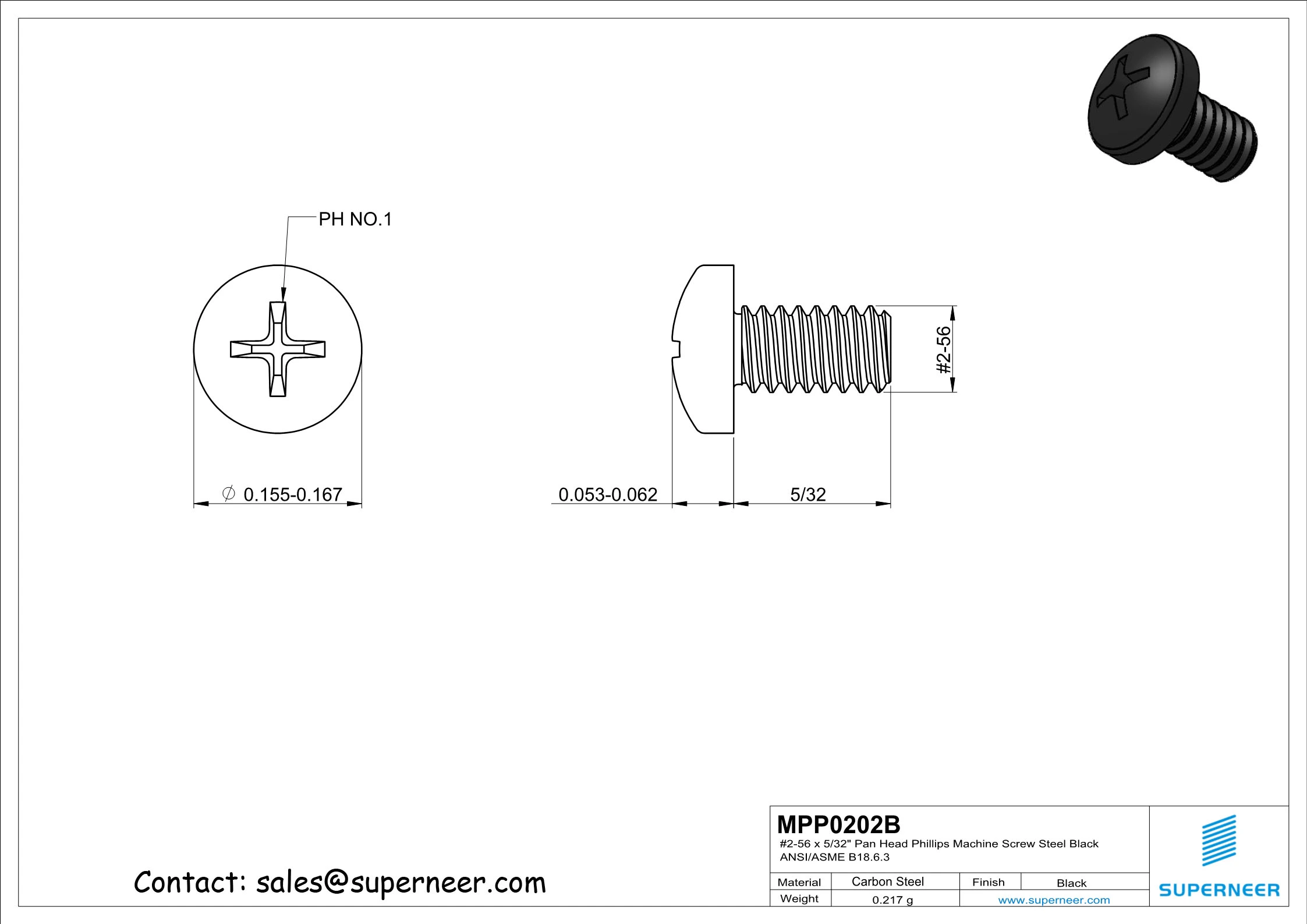 2-56 x 5/32" Pan Head Phillips Machine Screw Steel Black ANSI/ASME B18.6.3