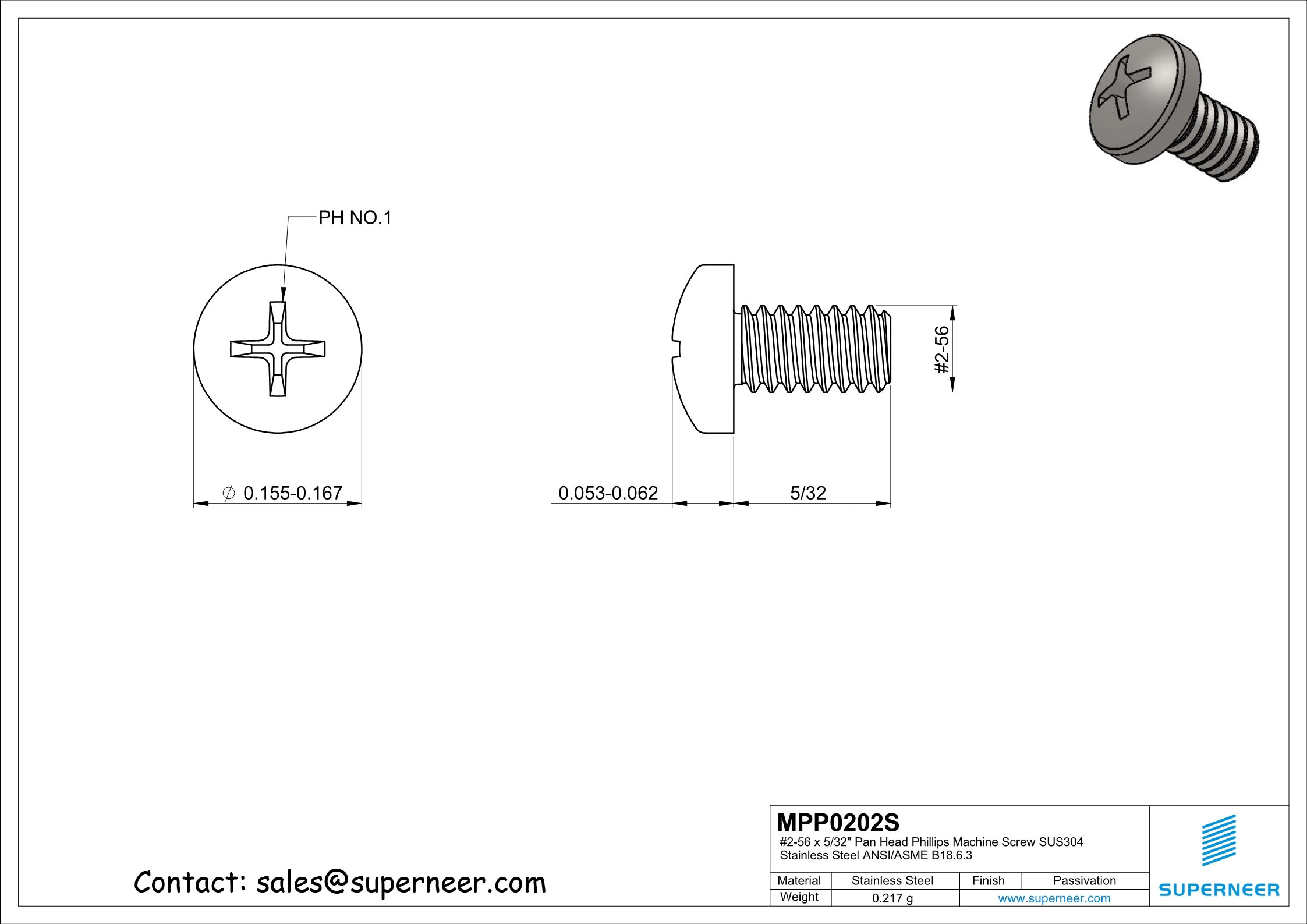 2-56 x 5/32" Pan Head Phillips Machine Screw SUS304 Stainless Steel Inox ANSI/ASME B18.6.3