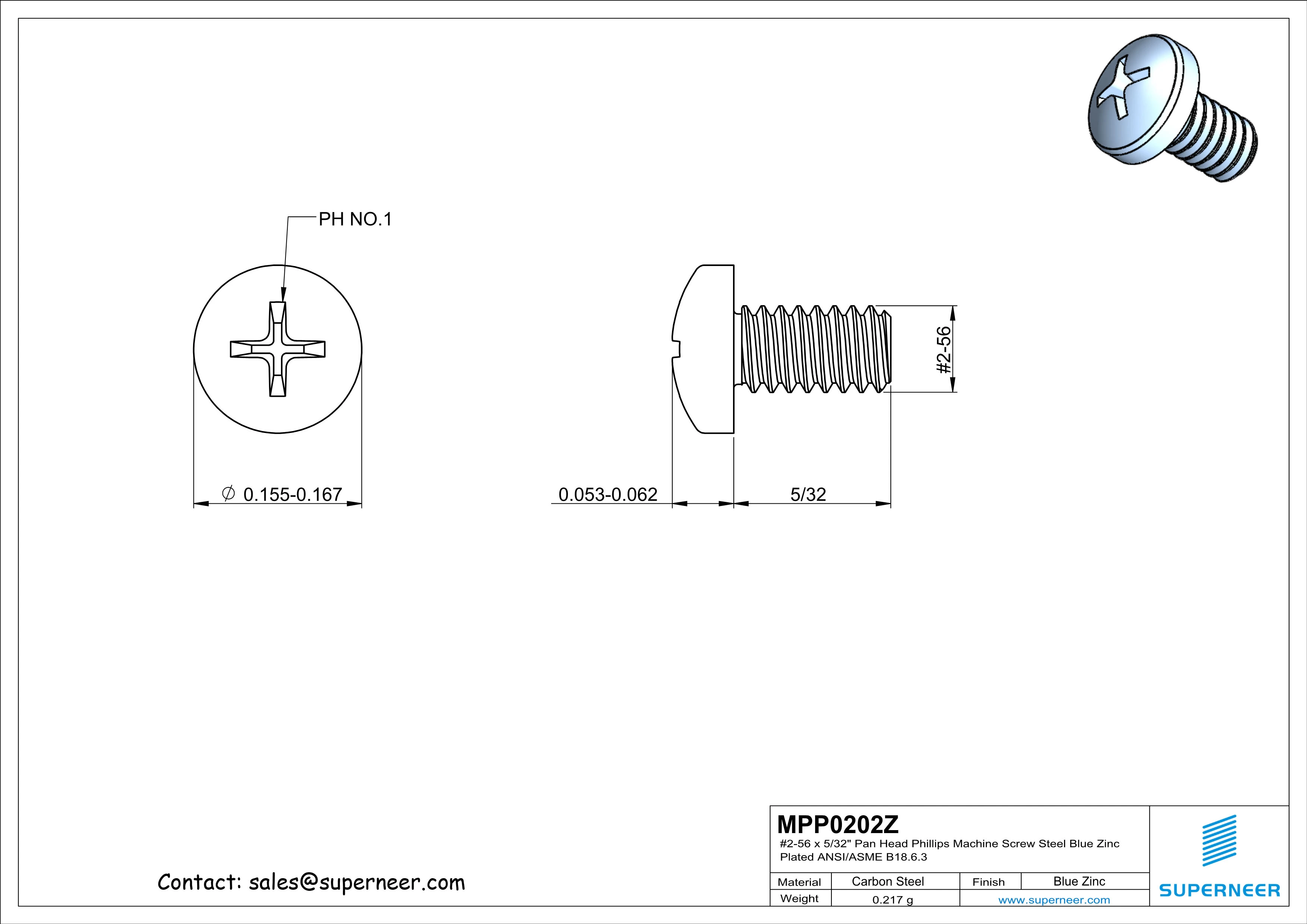 2-56 x 5/32" Pan Head Phillips Machine Screw Steel Blue Zinc Plated ANSI/ASME B18.6.3