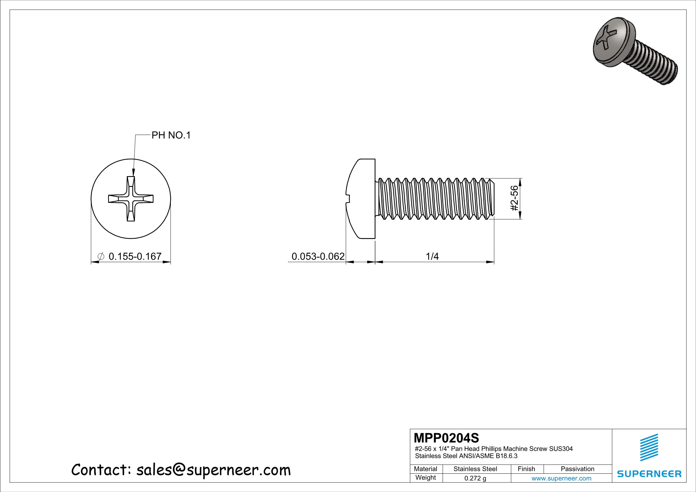 2-56 x 1/4" Pan Head Phillips Machine Screw SUS304 Stainless Steel Inox ANSI/ASME B18.6.3