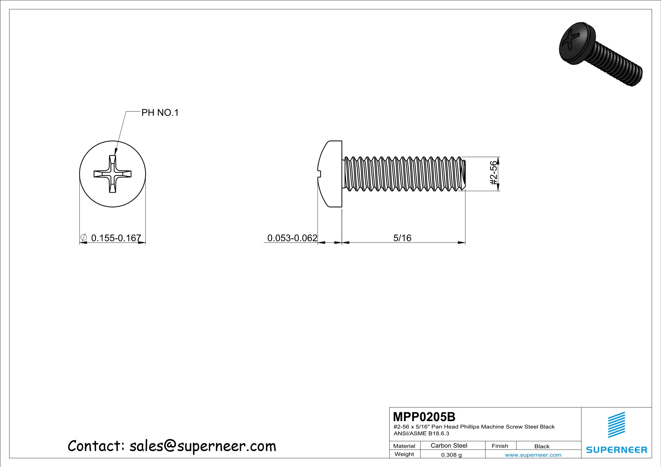 2-56 x 5/16" Pan Head Phillips Machine Screw Steel Black ANSI/ASME B18.6.3