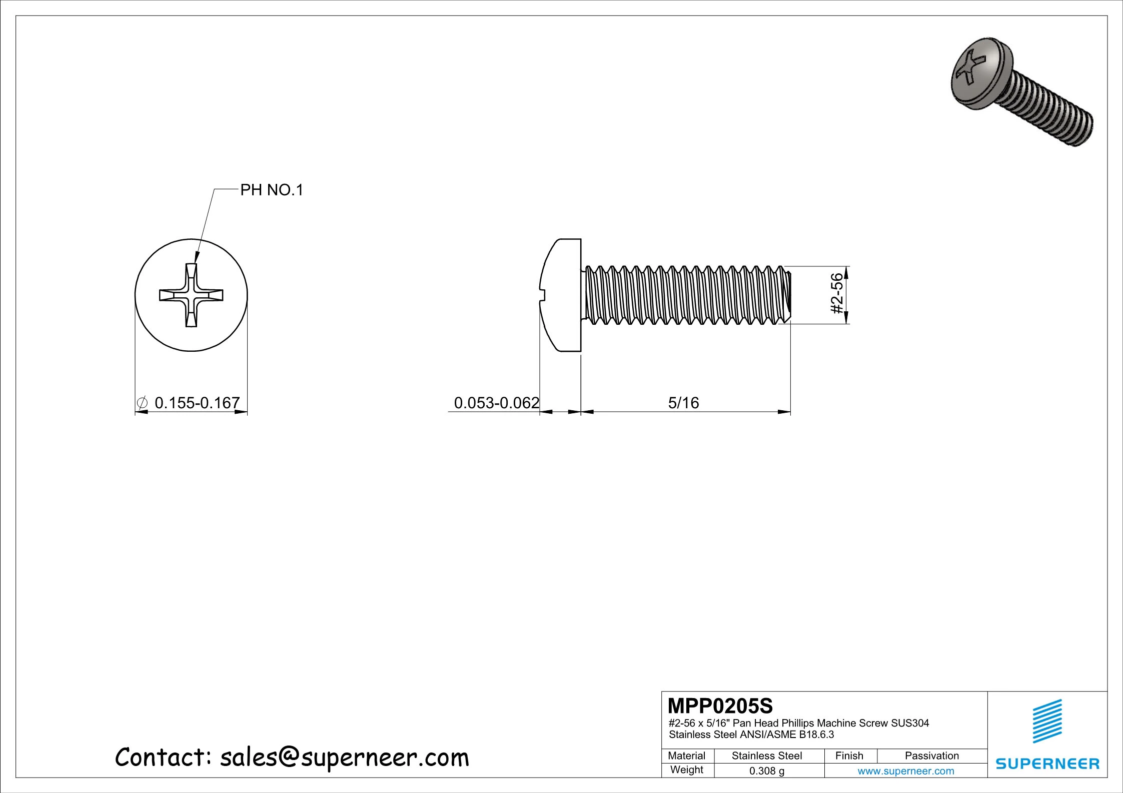 2-56 x 5/16" Pan Head Phillips Machine Screw SUS304 Stainless Steel Inox ANSI/ASME B18.6.3