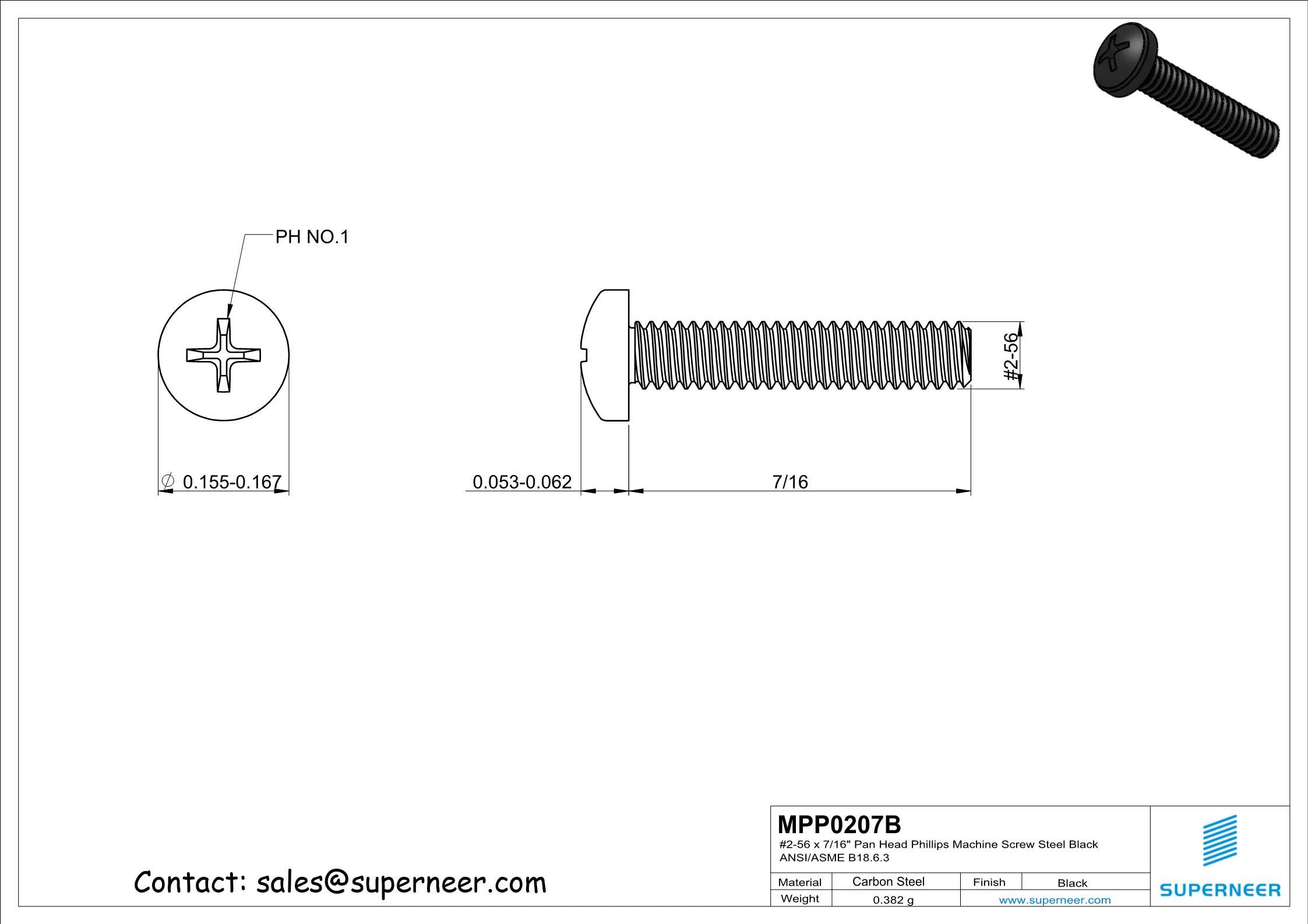 2-56 x 7/16" Pan Head Phillips Machine Screw Steel Black ANSI/ASME B18.6.3