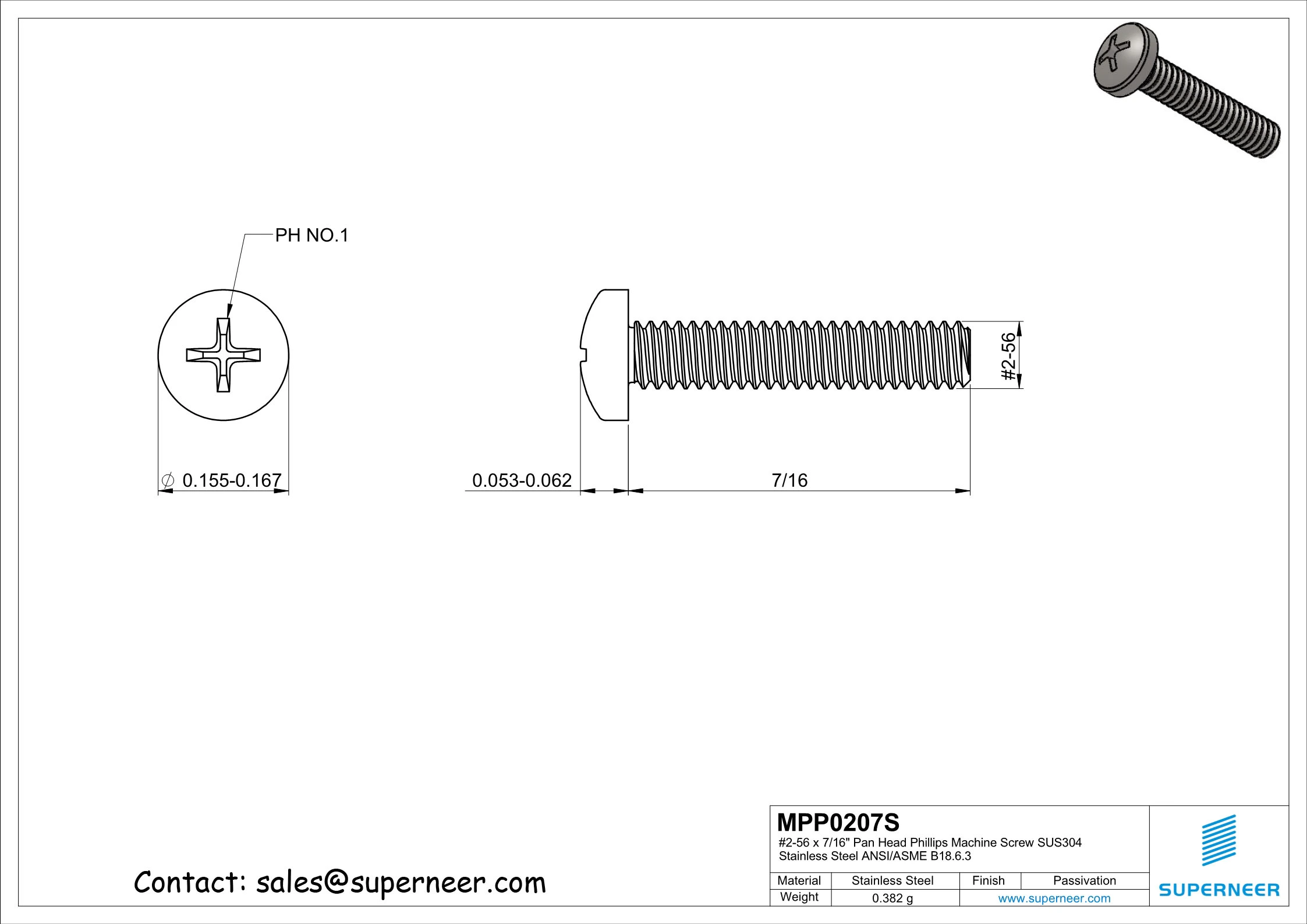 2-56 x 7/16" Pan Head Phillips Machine Screw SUS304 Stainless Steel Inox ANSI/ASME B18.6.3