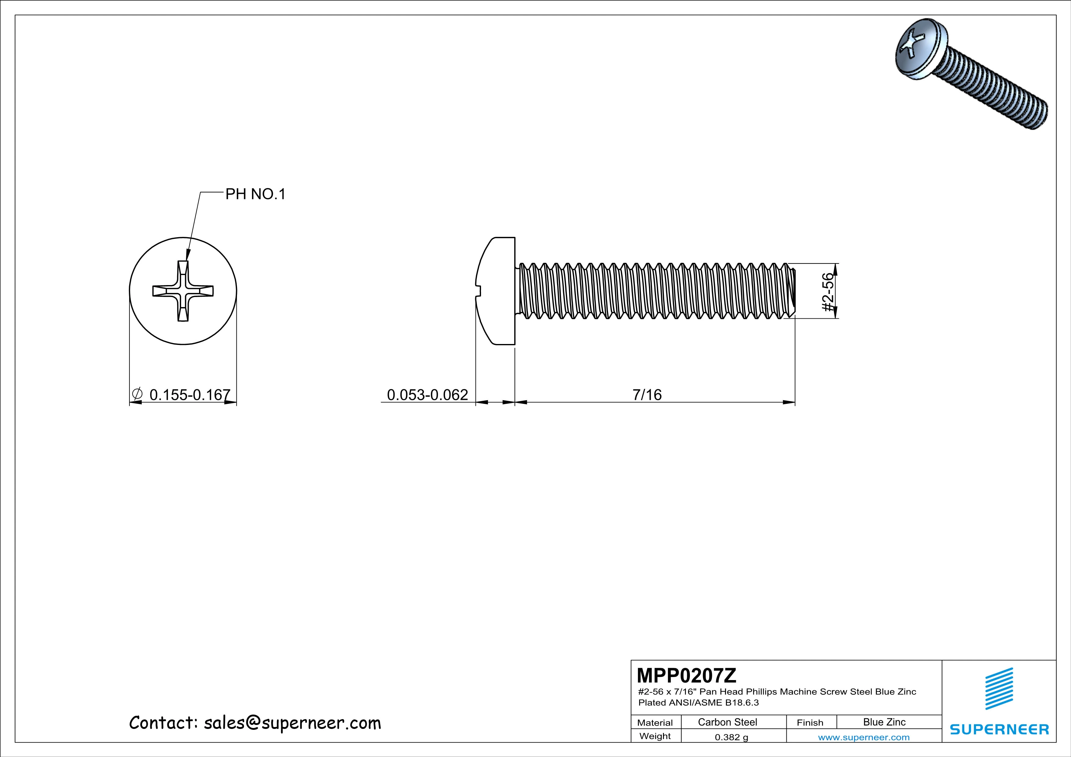 2-56 x 7/16" Pan Head Phillips Machine Screw Steel Blue Zinc Plated ANSI/ASME B18.6.3