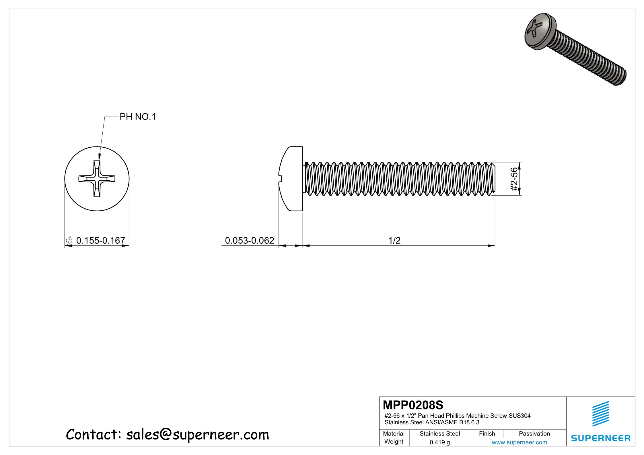 2-56 x 1/2" Pan Head Phillips Machine Screw SUS304 Stainless Steel Inox ANSI/ASME B18.6.3