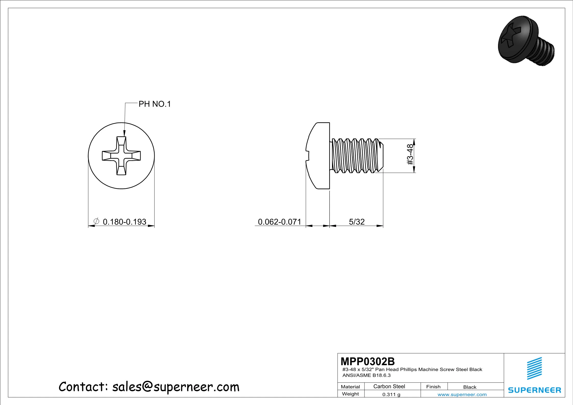 3-48 x 5/32" Pan Head Phillips Machine Screw Steel Black ANSI/ASME B18.6.3