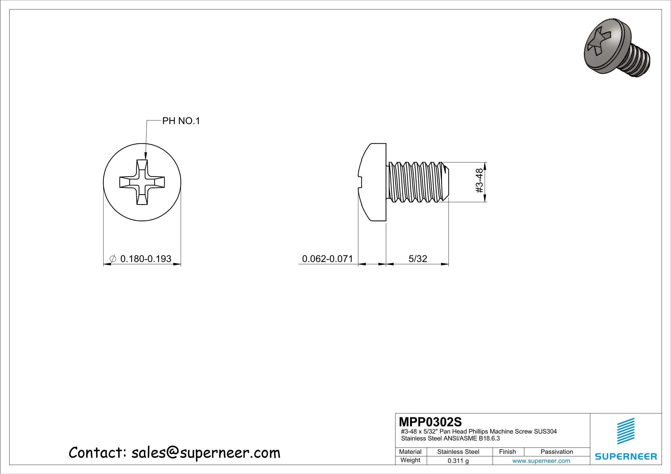 3-48 x 5/32" Pan Head Phillips Machine Screw SUS304 Stainless Steel Inox ANSI/ASME B18.6.3