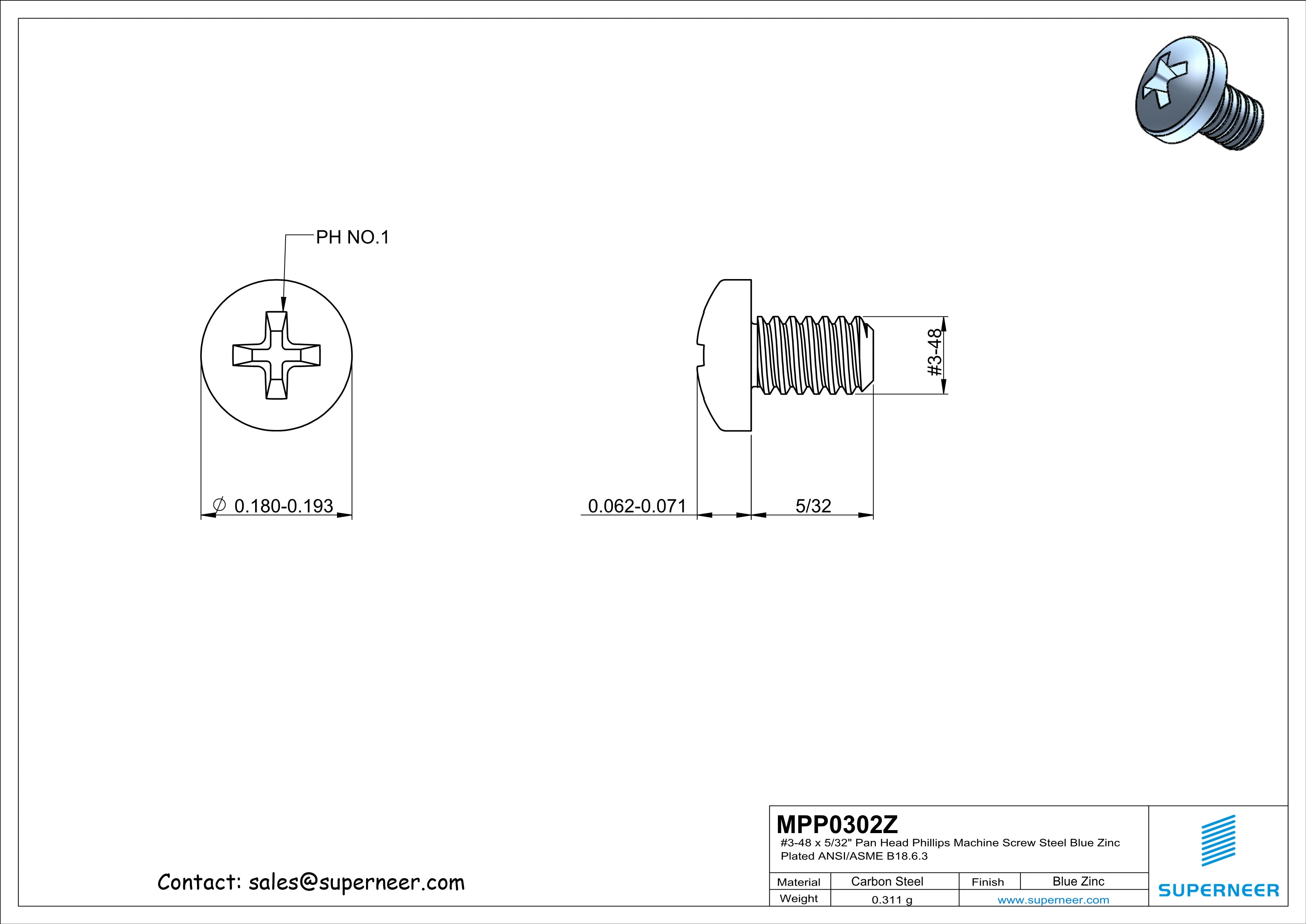 3-48 x 5/32" Pan Head Phillips Machine Screw Steel Blue Zinc Plated ANSI/ASME B18.6.3