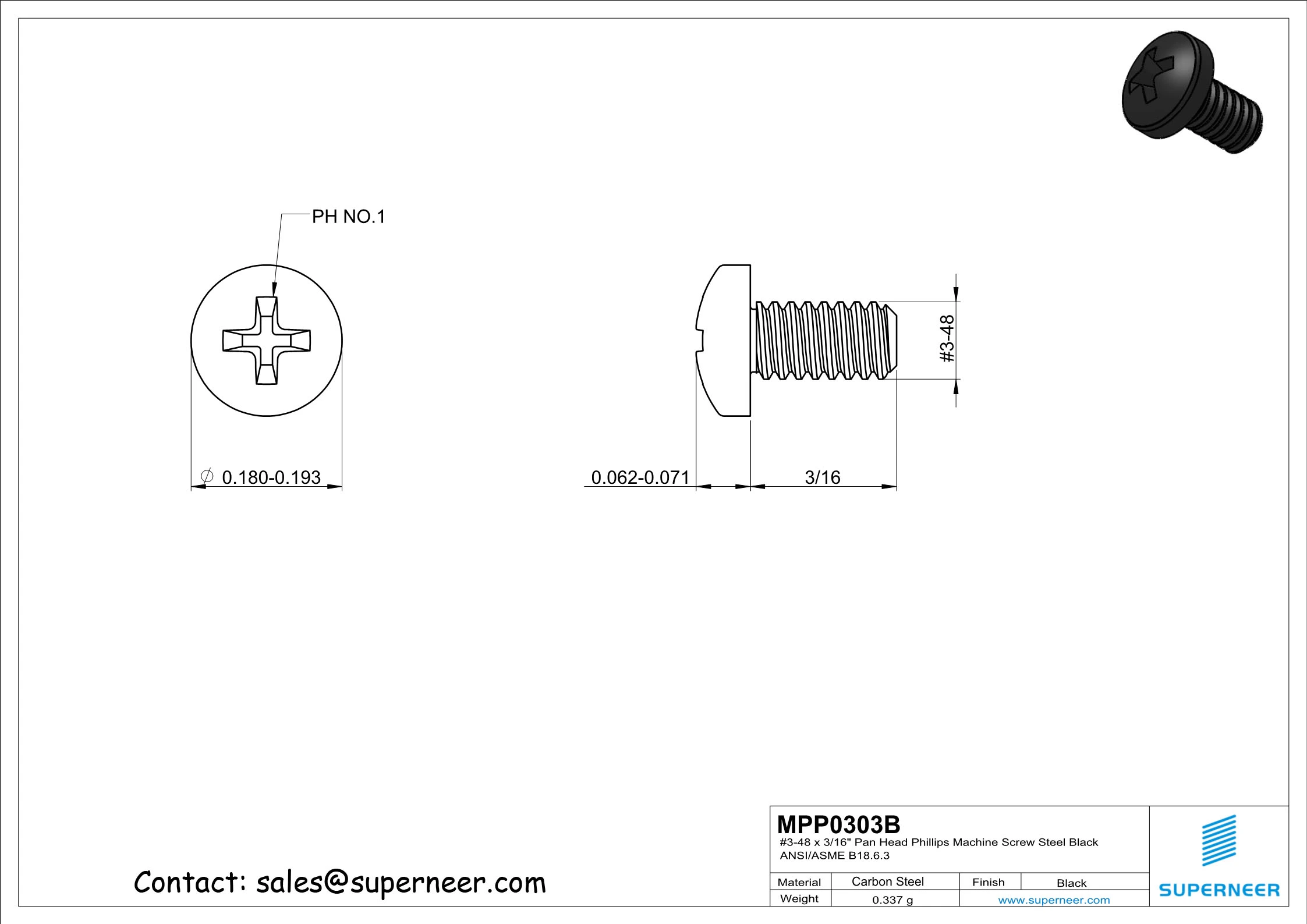 3-48 x 3/16" Pan Head Phillips Machine Screw Steel Black ANSI/ASME B18.6.3