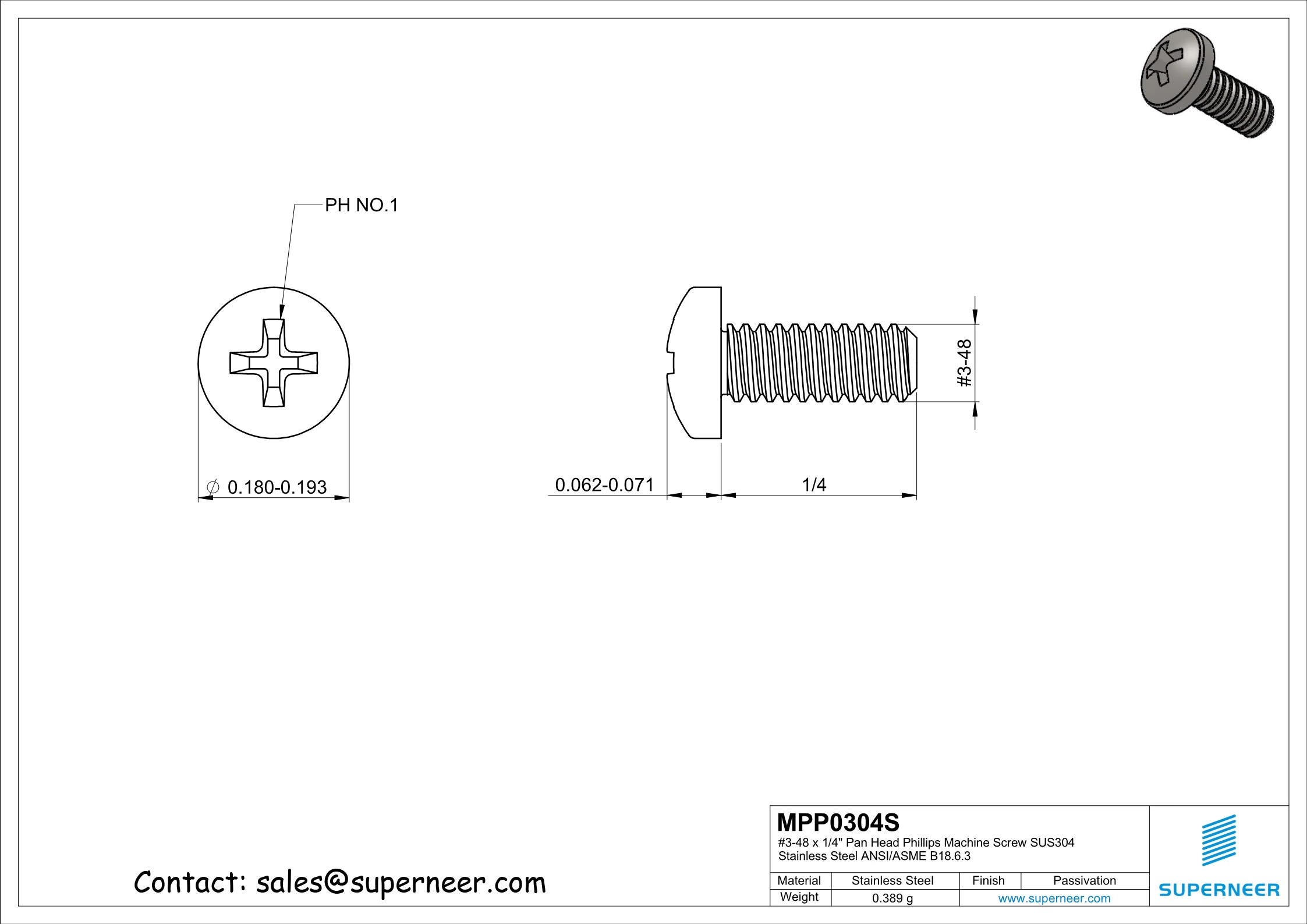 3-48 x 1/4" Pan Head Phillips Machine Screw SUS304 Stainless Steel Inox ANSI/ASME B18.6.3