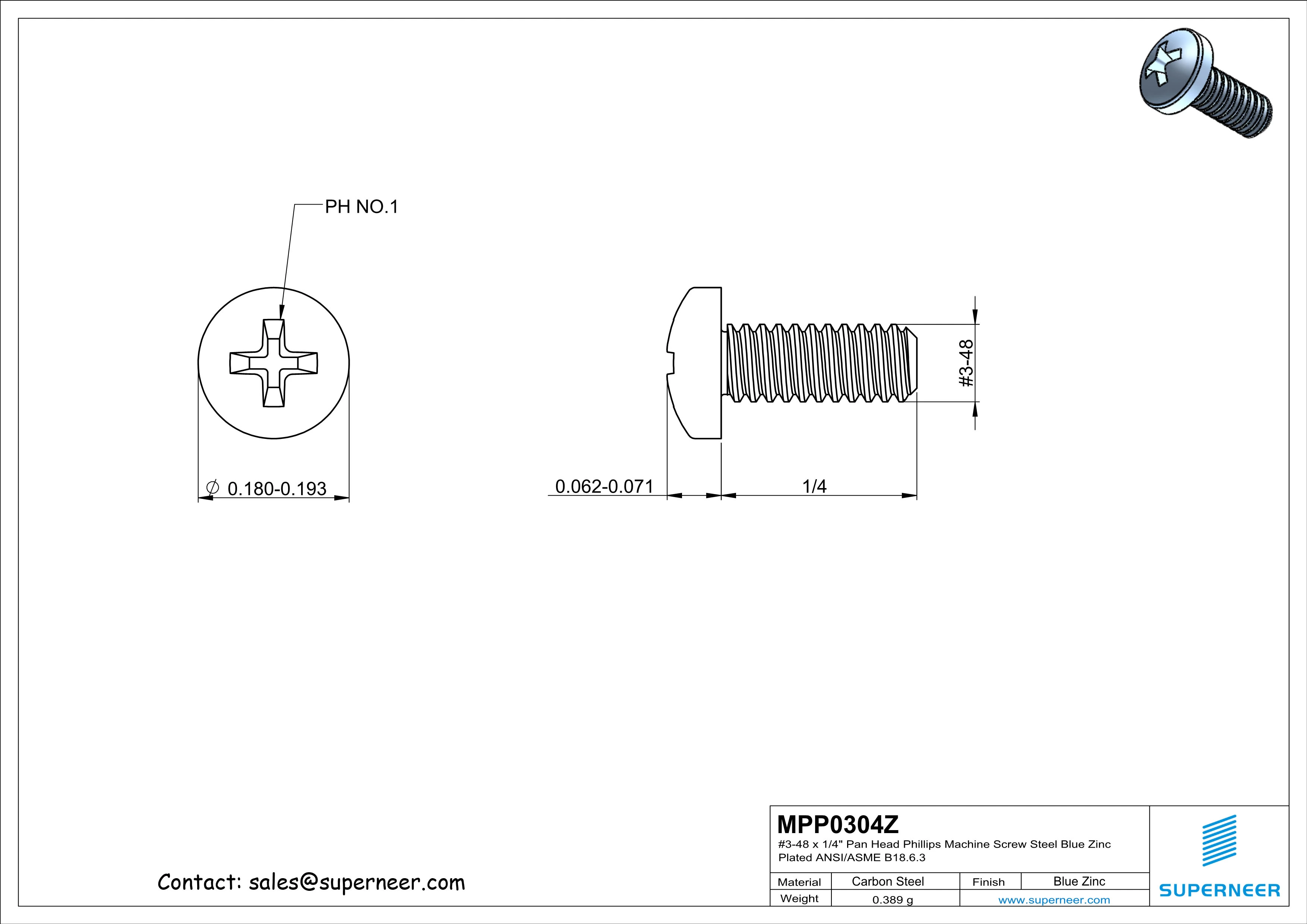 3-48 x 1/4" Pan Head Phillips Machine Screw Steel Blue Zinc Plated ANSI/ASME B18.6.3