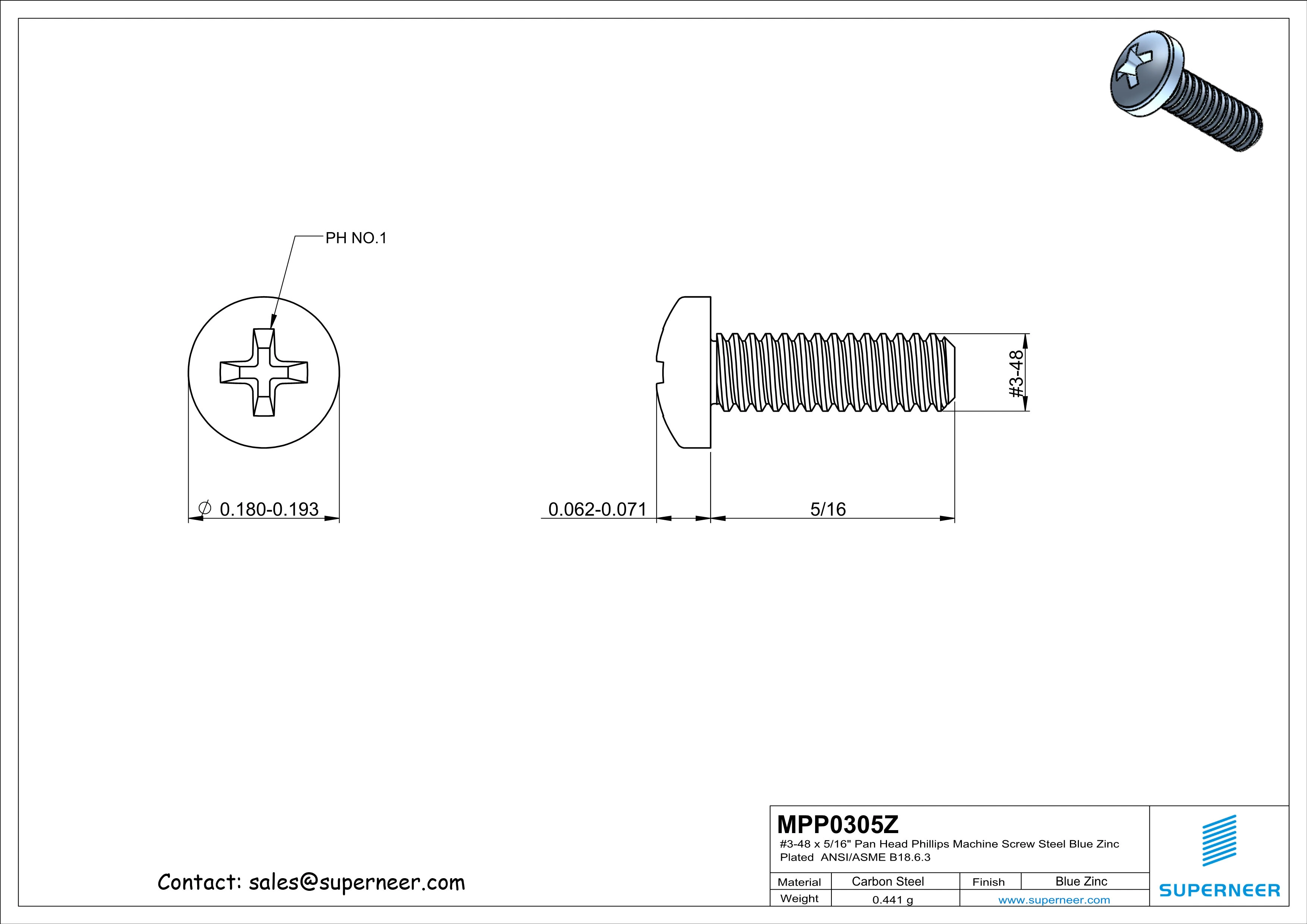 3-48 x 5/16" Pan Head Phillips Machine Screw Steel Blue Zinc Plated ANSI/ASME B18.6.3