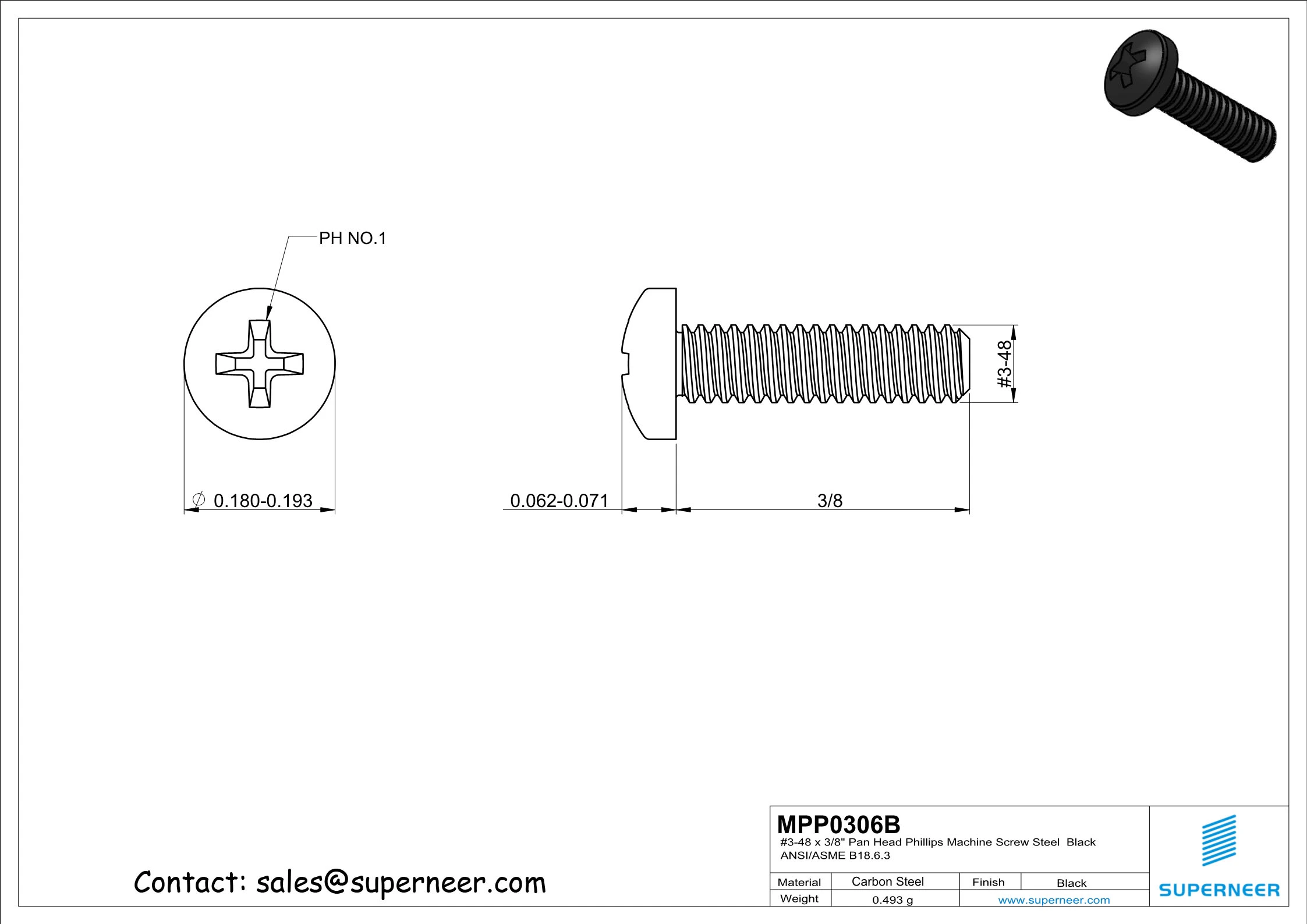 3-48 x 3/8" Pan Head Phillips Machine Screw Steel Black ANSI/ASME B18.6.3