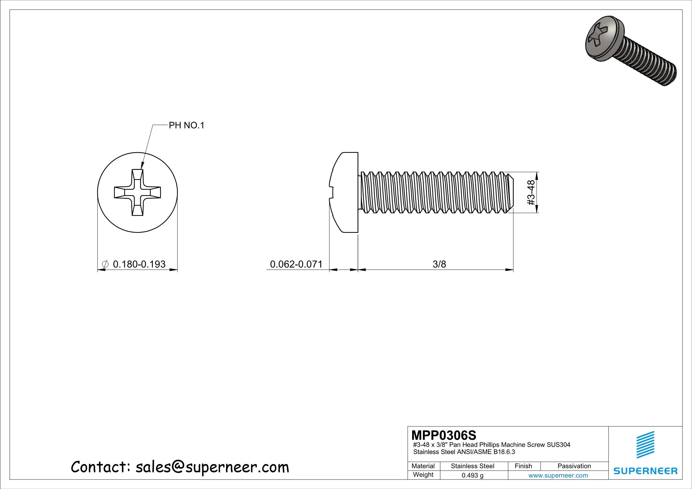 3-48 x 3/8" Pan Head Phillips Machine Screw SUS304 Stainless Steel Inox ANSI/ASME B18.6.3