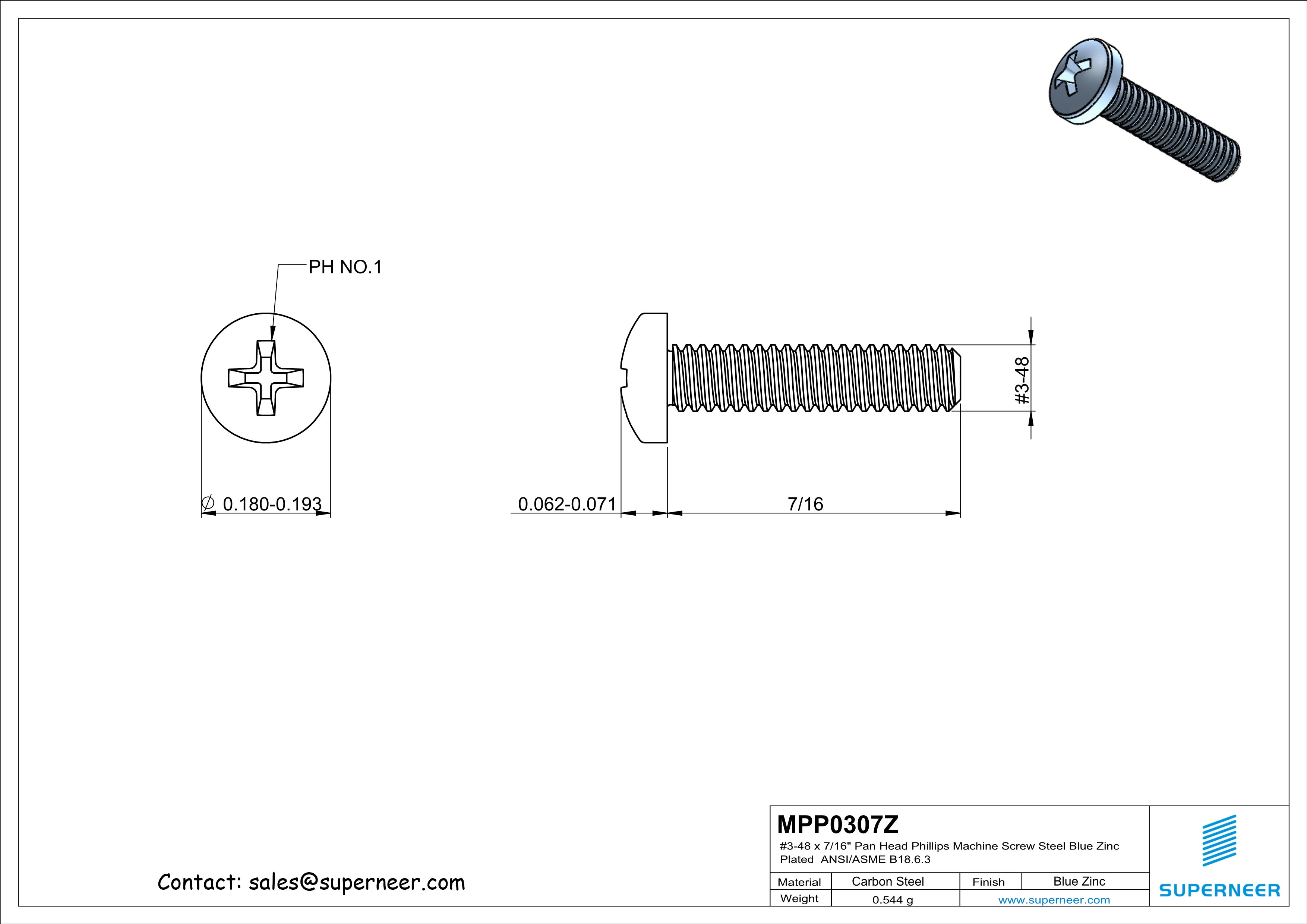 3-48 x 7/16" Pan Head Phillips Machine Screw Steel Blue Zinc Plated ANSI/ASME B18.6.3