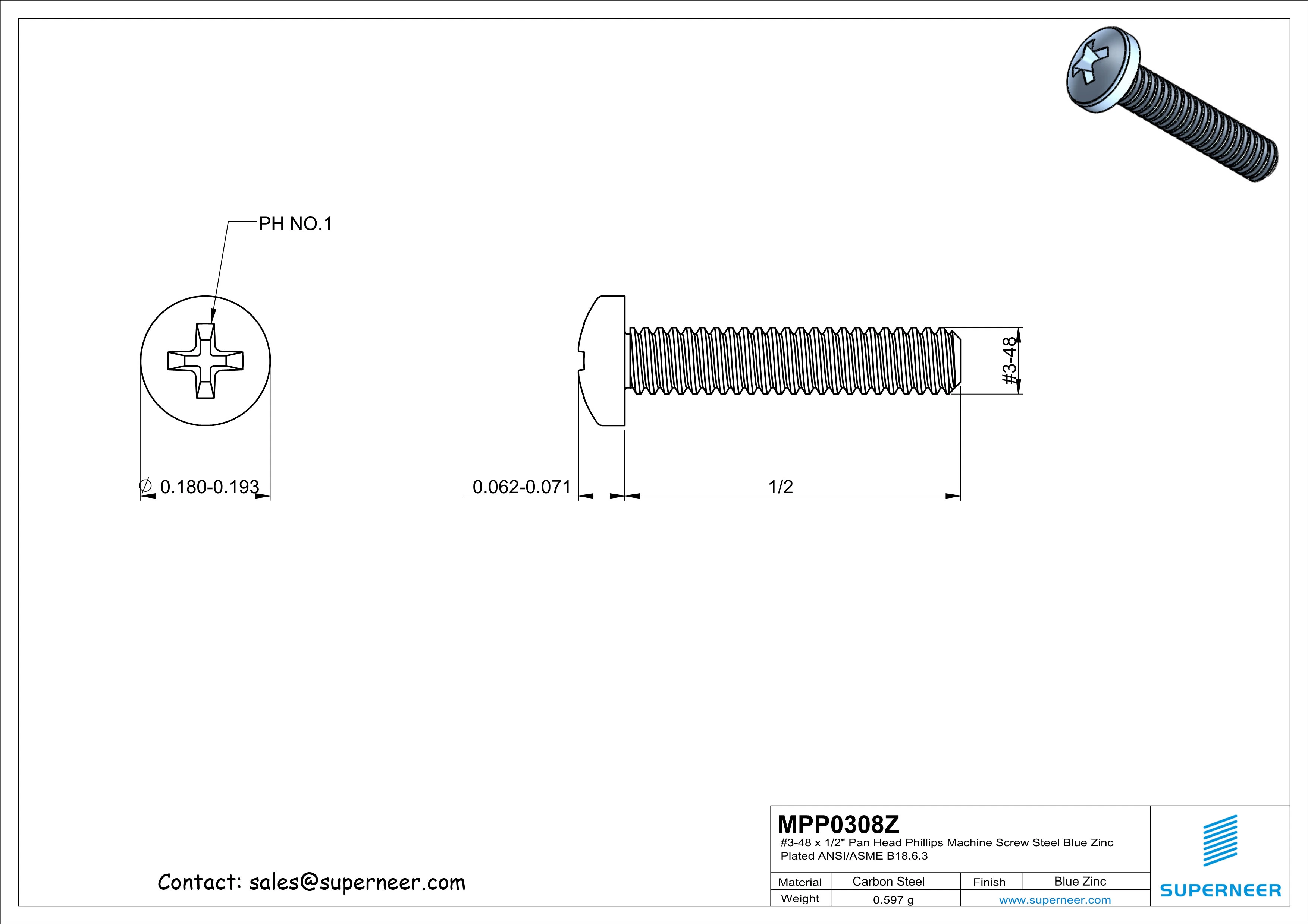 3-48 x 1/2" Pan Head Phillips Machine Screw Steel Blue Zinc Plated ANSI/ASME B18.6.3