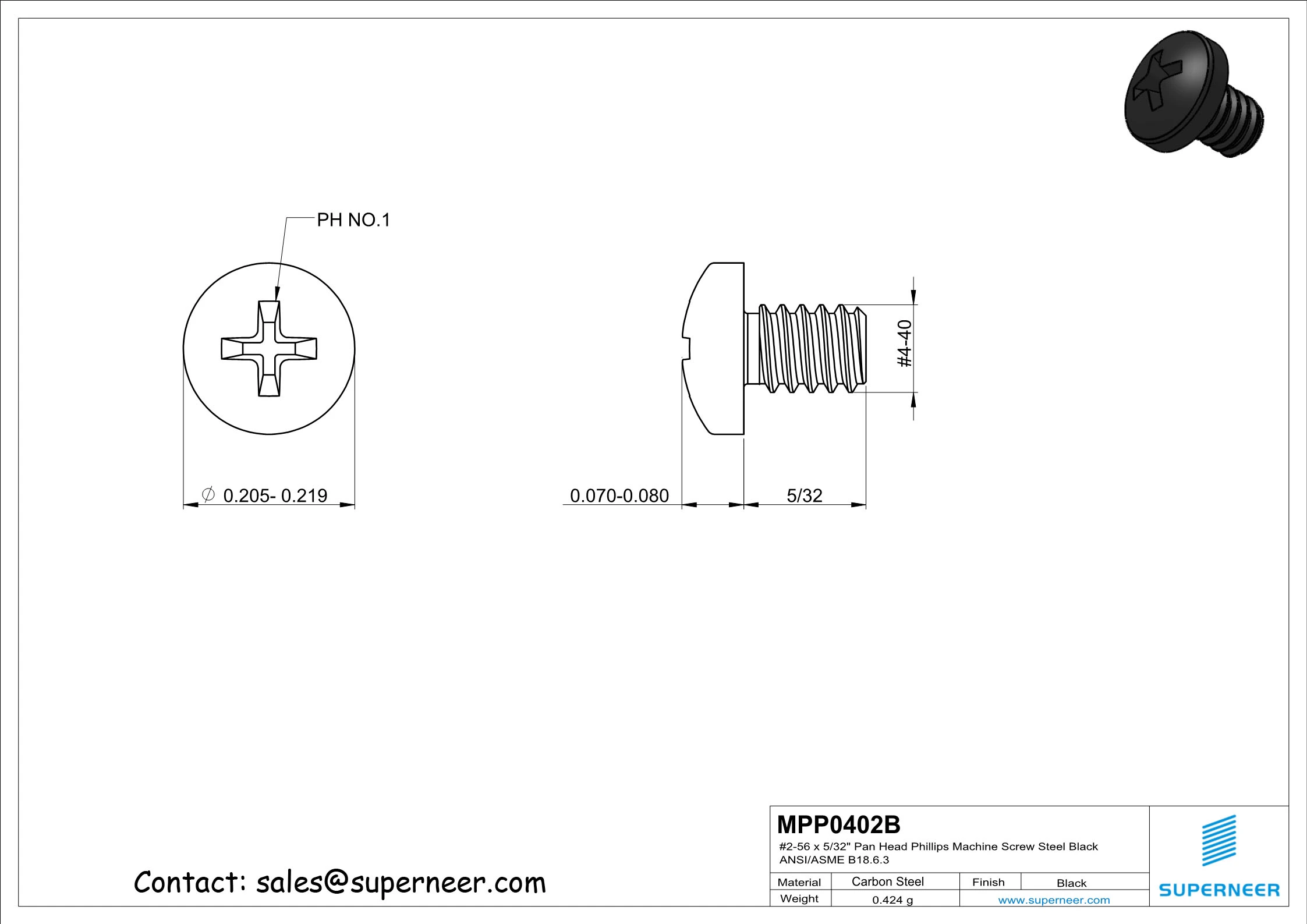 4-40 x 5/32" Pan Head Phillips Machine Screw Steel Black ANSI/ASME B18.6.3